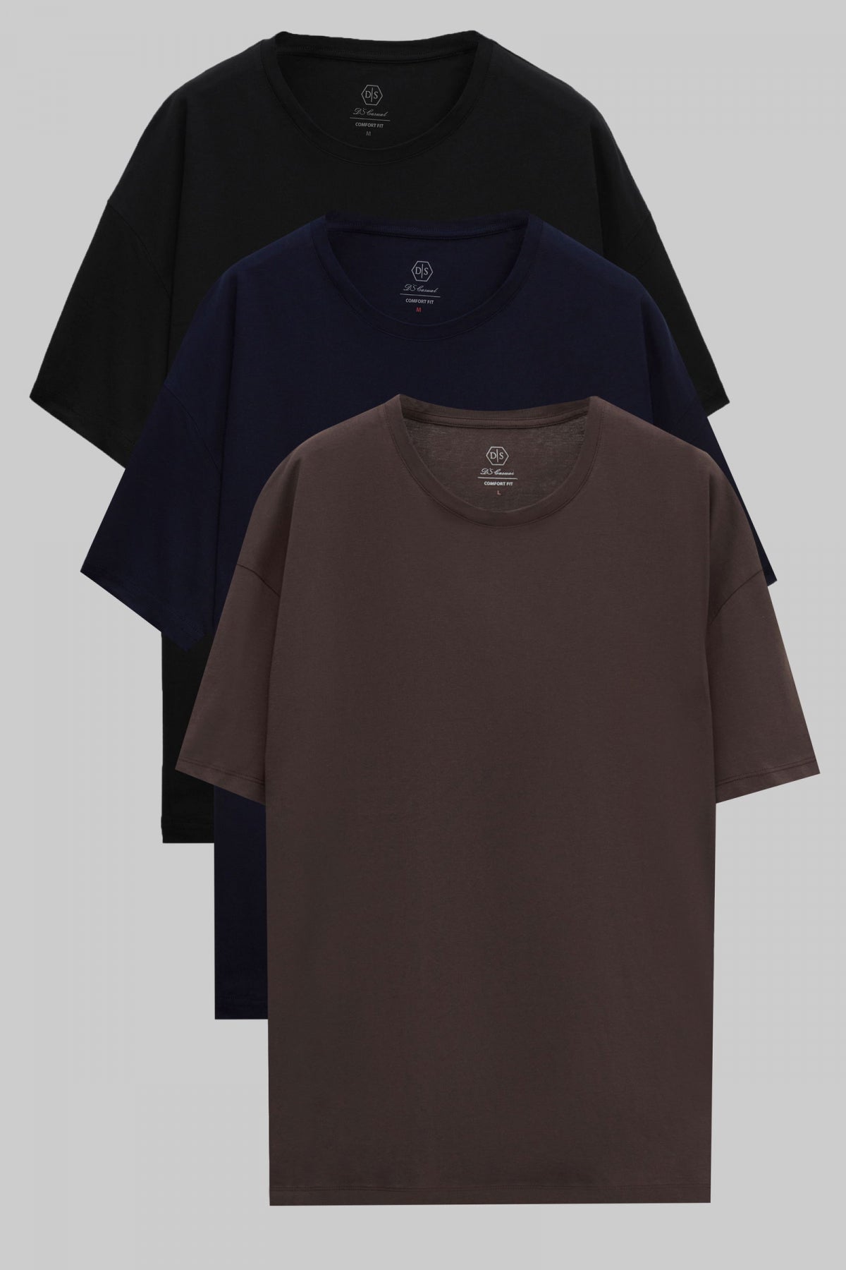 Ds Damat Comfort 3-Pack Loose Fit 100% Cotton T-Shirt - Black/Navy Blue/Brown