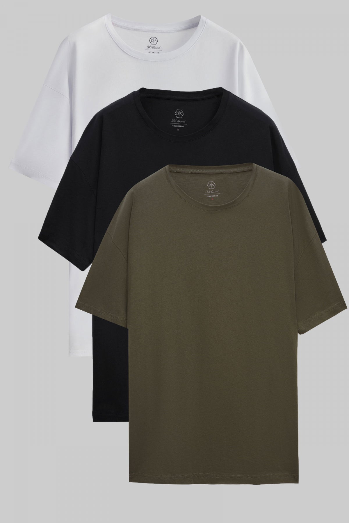 Ds Damat Comfort 3-Pack Loose Fit 100% Cotton T-Shirt - White/Black/Khaki