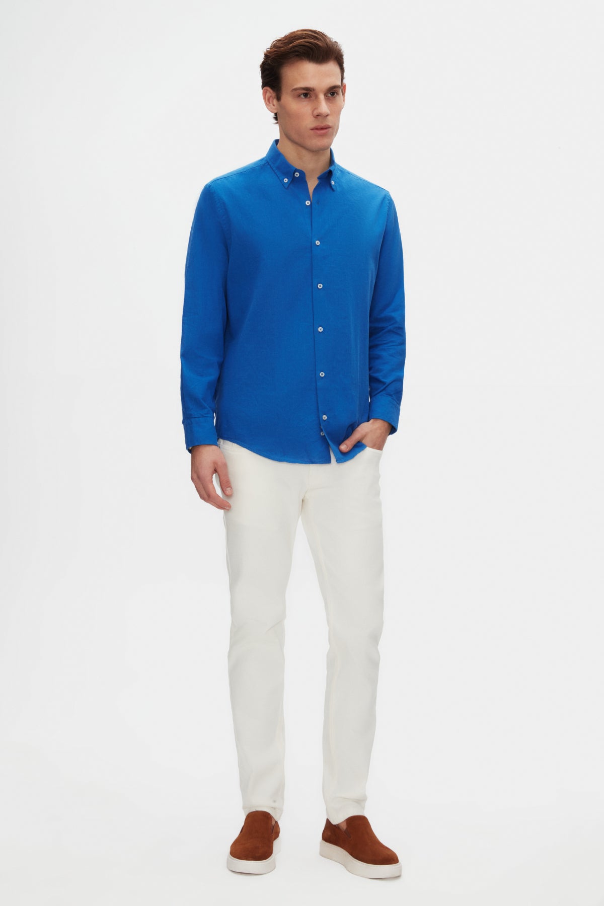 Ds Damat Comfort Button-Down Relaxed Fit Linen-Look 100% Cotton Shirt - Cobalt Blue
