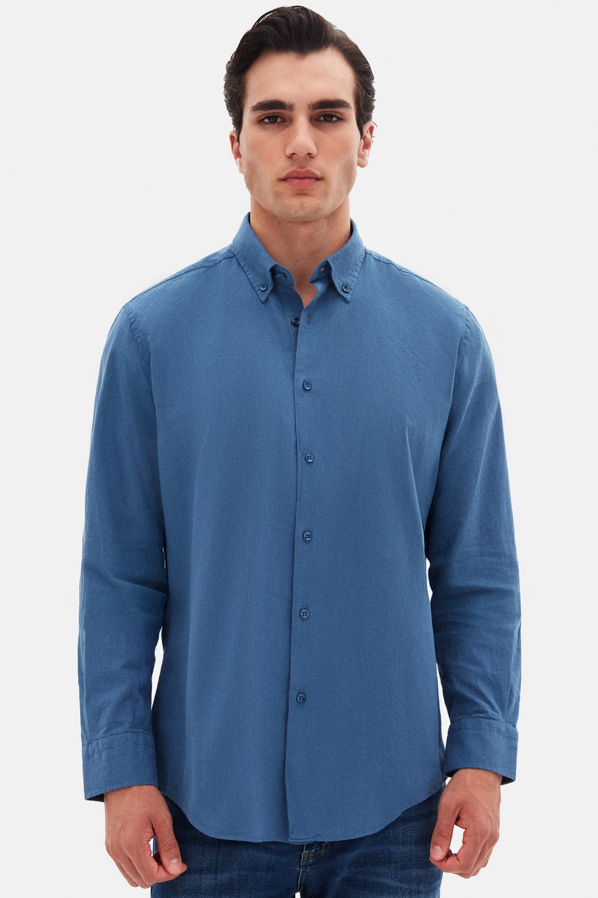 Ds Damat Comfort Button-Down Relaxed Fit Linen-Look 100% Cotton Shirt - Indigo