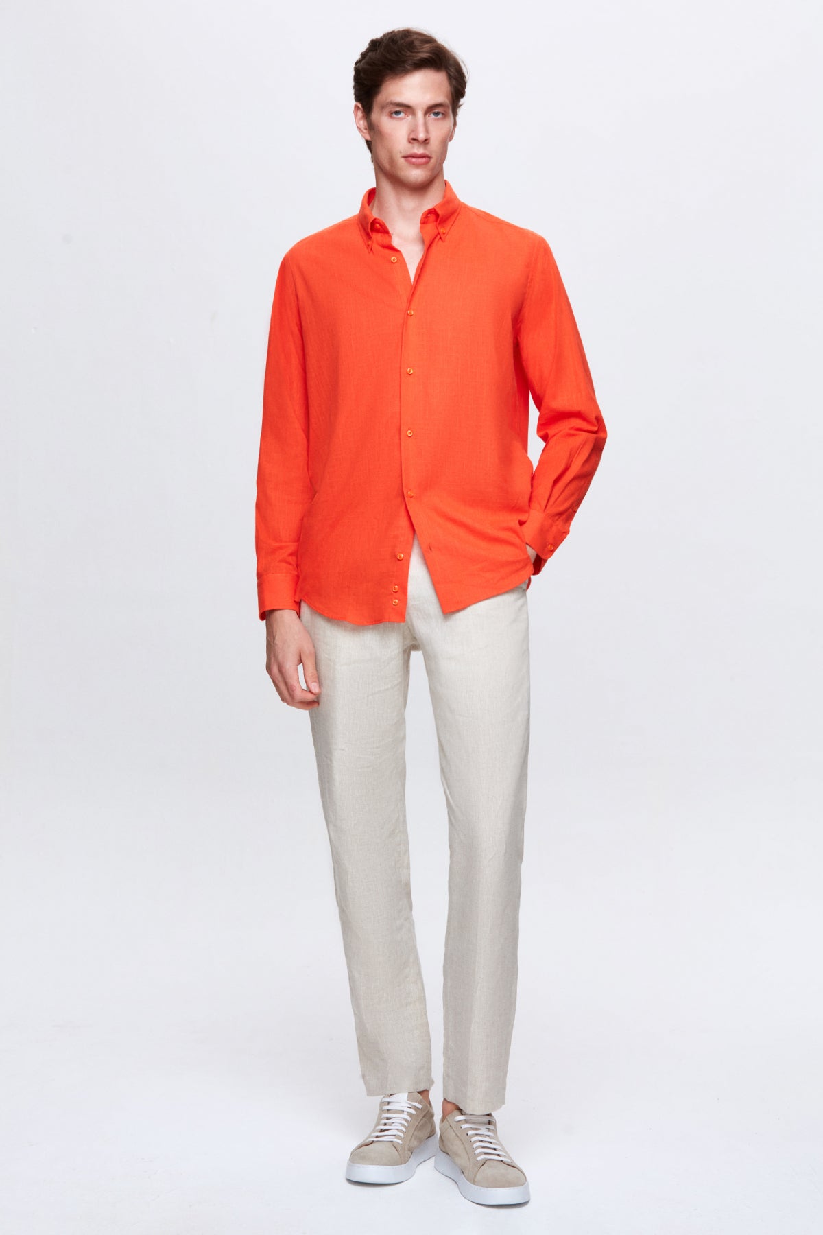 Ds Damat Comfort Button-Down Relaxed Fit Linen-Look 100% Cotton Shirt - Orange