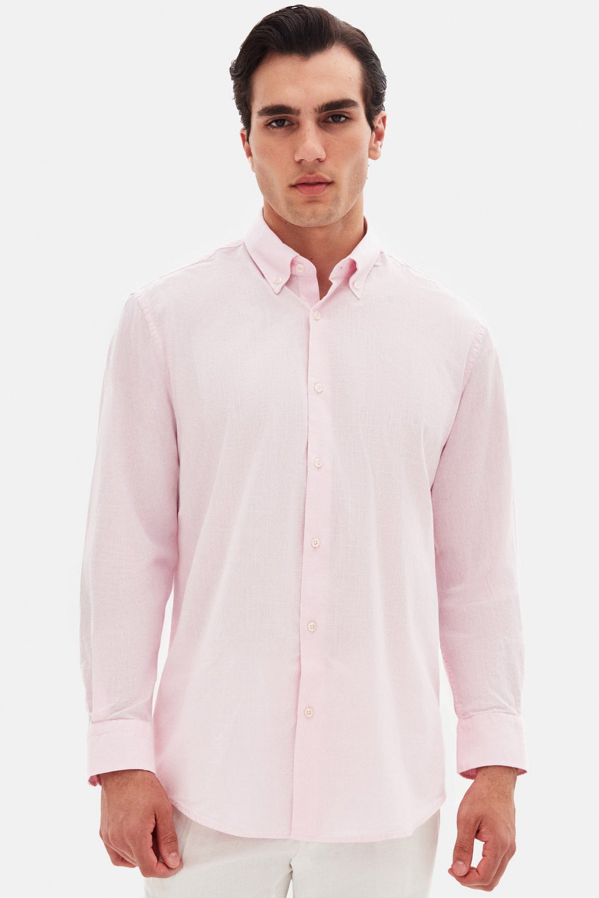 Ds Damat Comfort Button-Down Relaxed Fit Linen-Look 100% Cotton Shirt - Pink