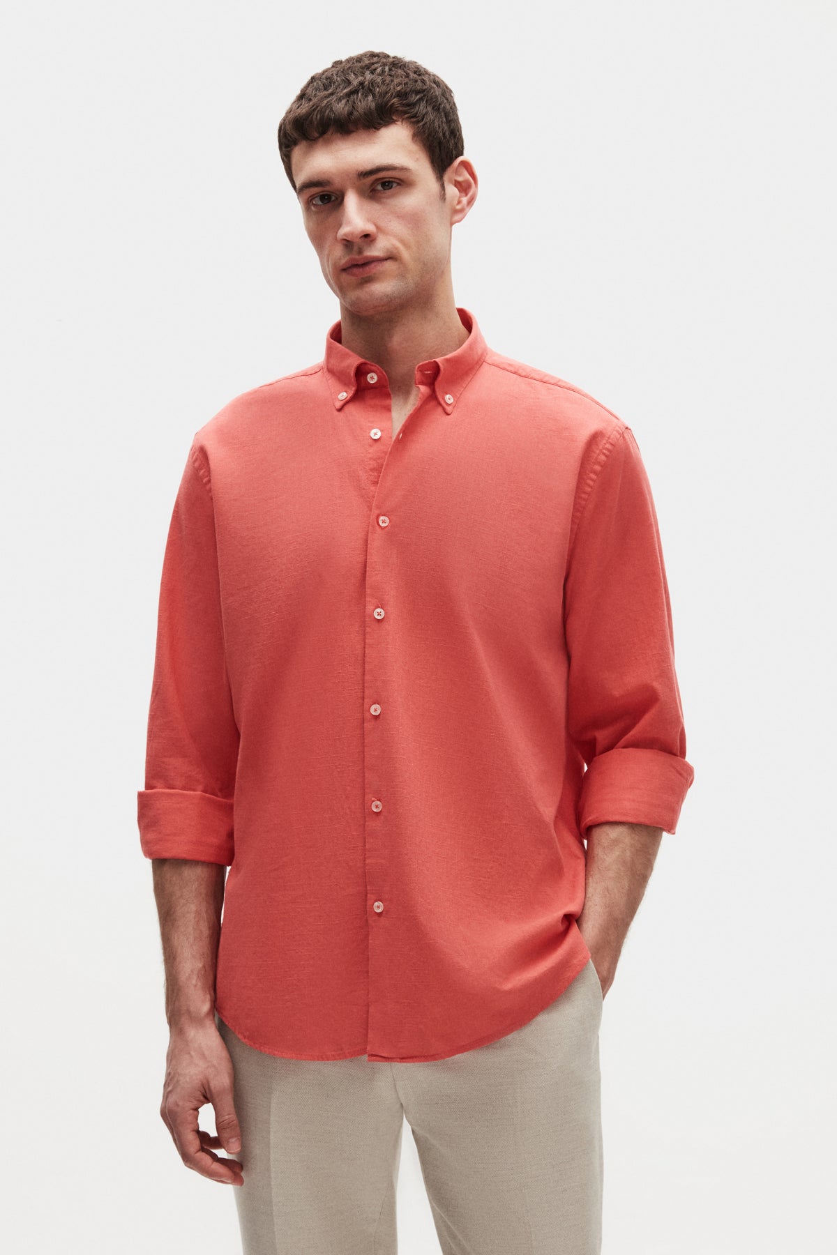 Ds Damat Comfort Button-Down Relaxed Fit Linen-Look 100% Cotton Shirt - Pomegranate