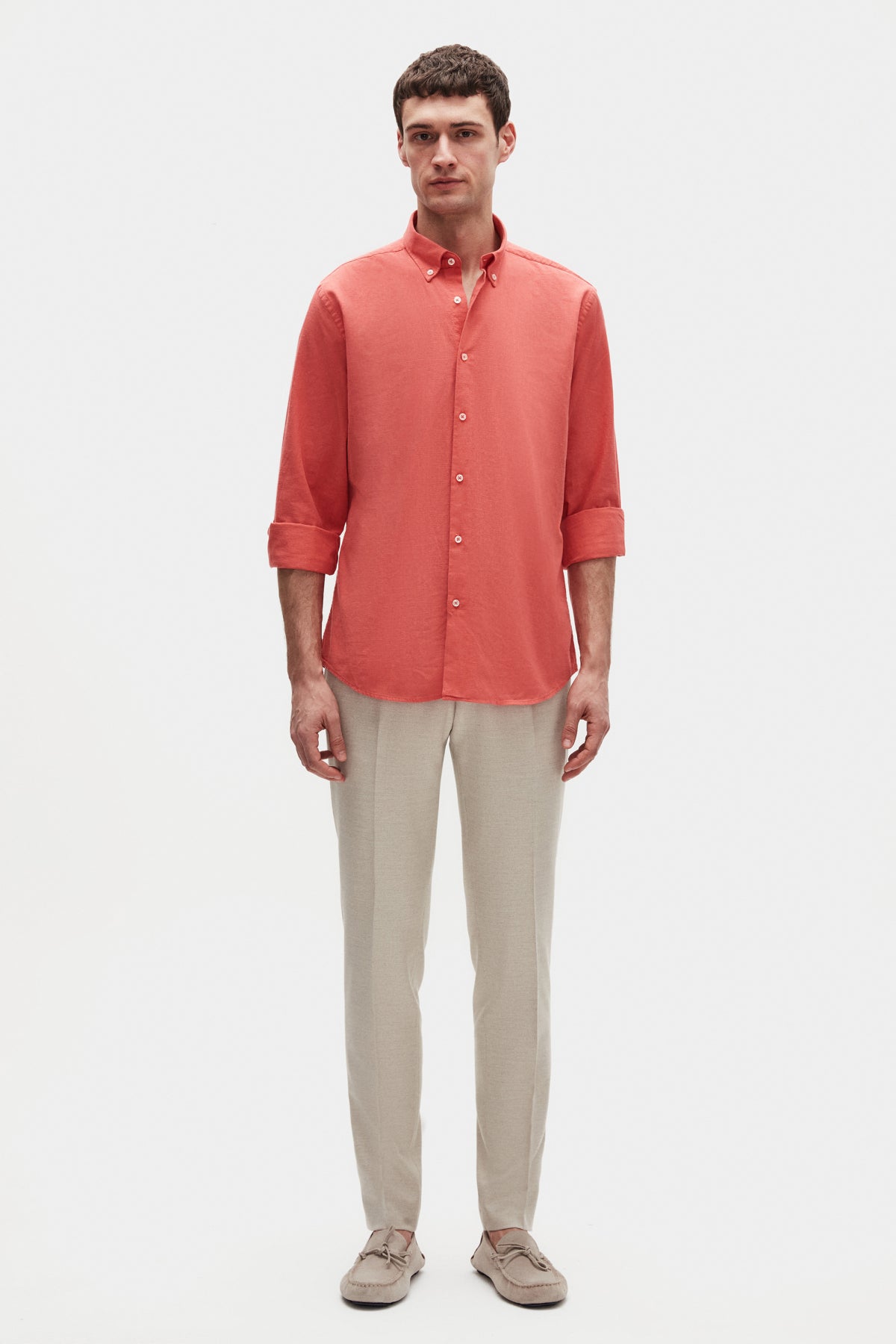 Ds Damat Comfort Button-Down Relaxed Fit Linen-Look 100% Cotton Shirt - Pomegranate