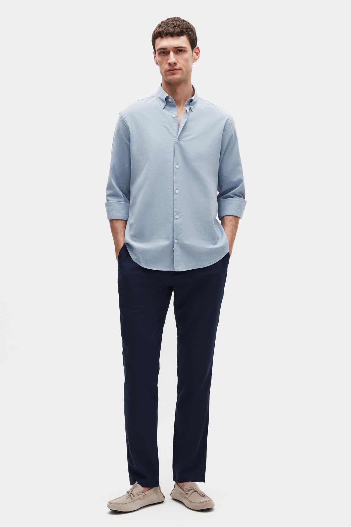 Ds Damat Comfort Button-Down Relaxed Fit Linen-Look 100% Cotton Shirt - Powder Blue