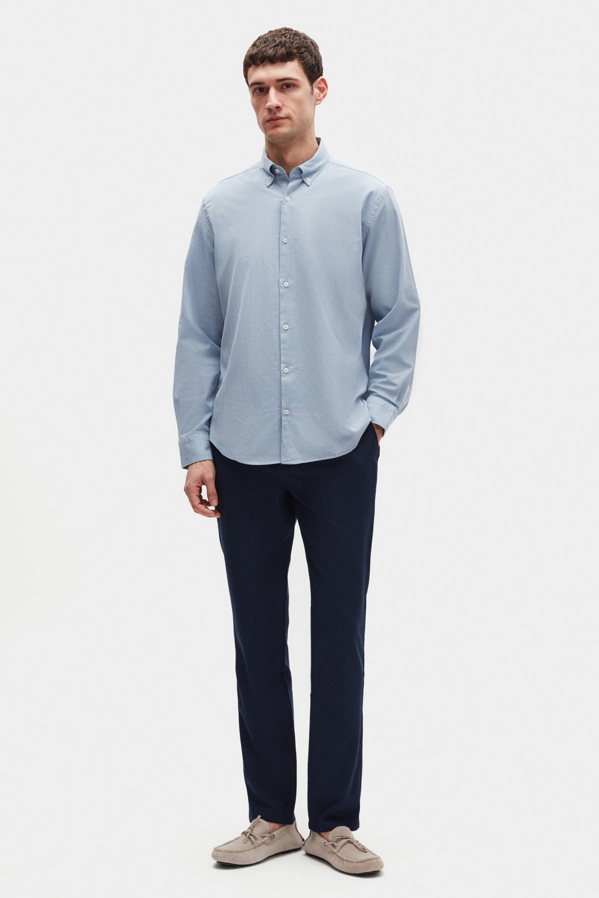 Ds Damat Comfort Button-Down Relaxed Fit Linen-Look 100% Cotton Shirt - Powder Blue