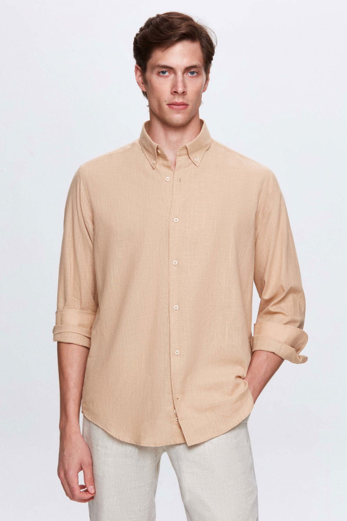 Ds Damat Comfort Button-Down Relaxed Fit Linen-Look 100% Cotton Shirt - Taupe