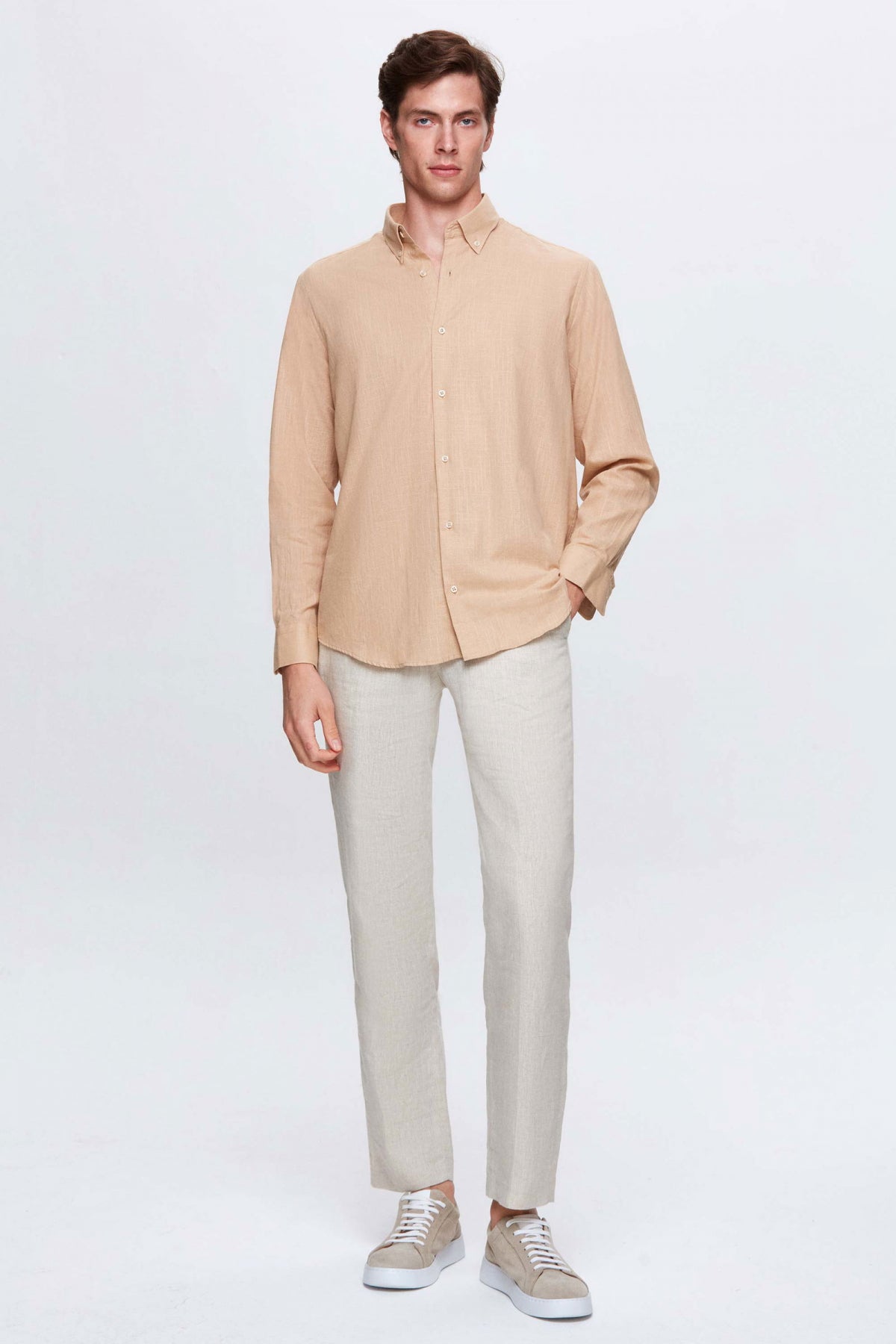 Ds Damat Comfort Button-Down Relaxed Fit Linen-Look 100% Cotton Shirt - Taupe
