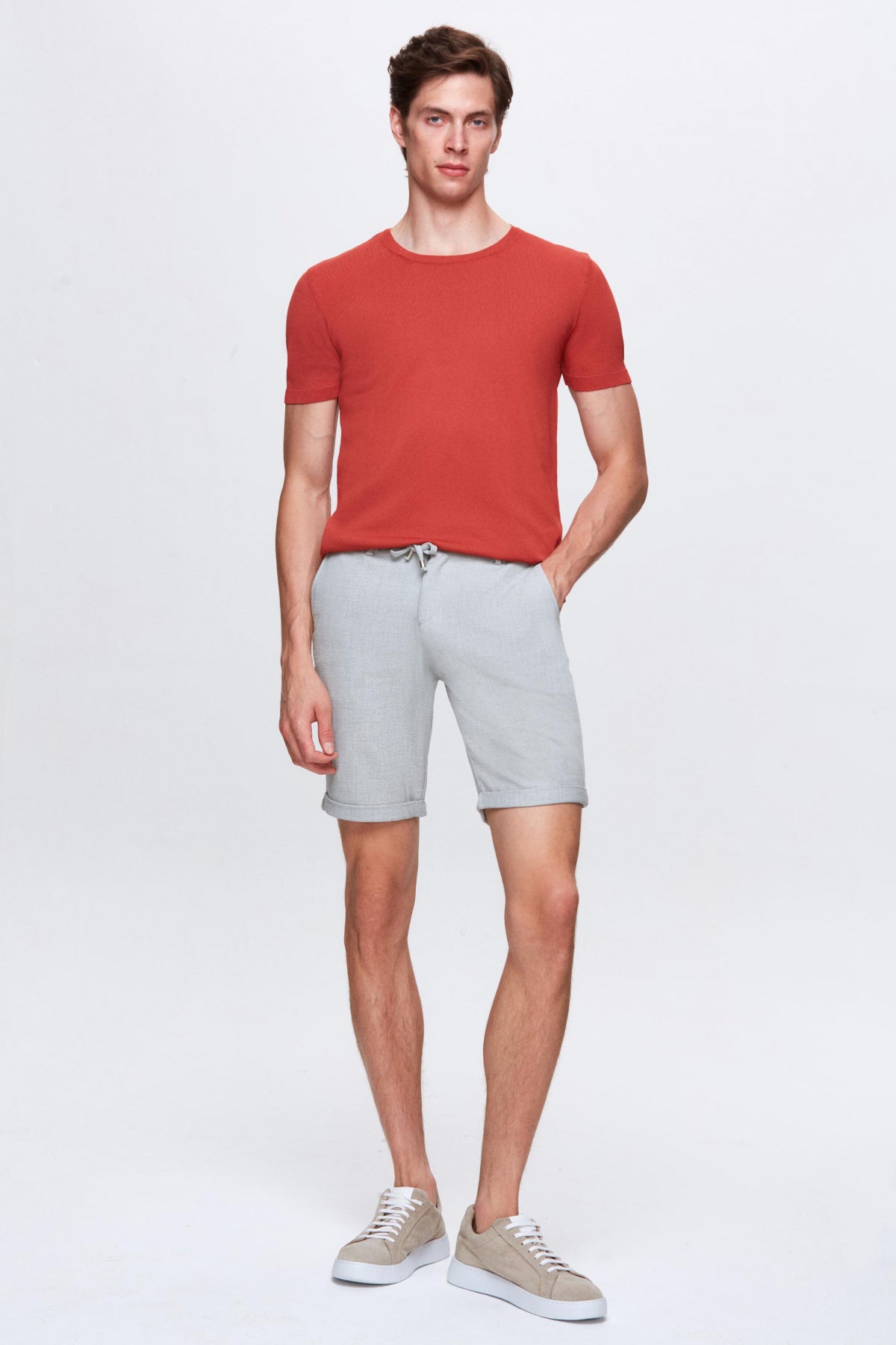 Ds Damat Elastic Waist Drawstring Double Cuff Viscose Jogger Shorts - Beige