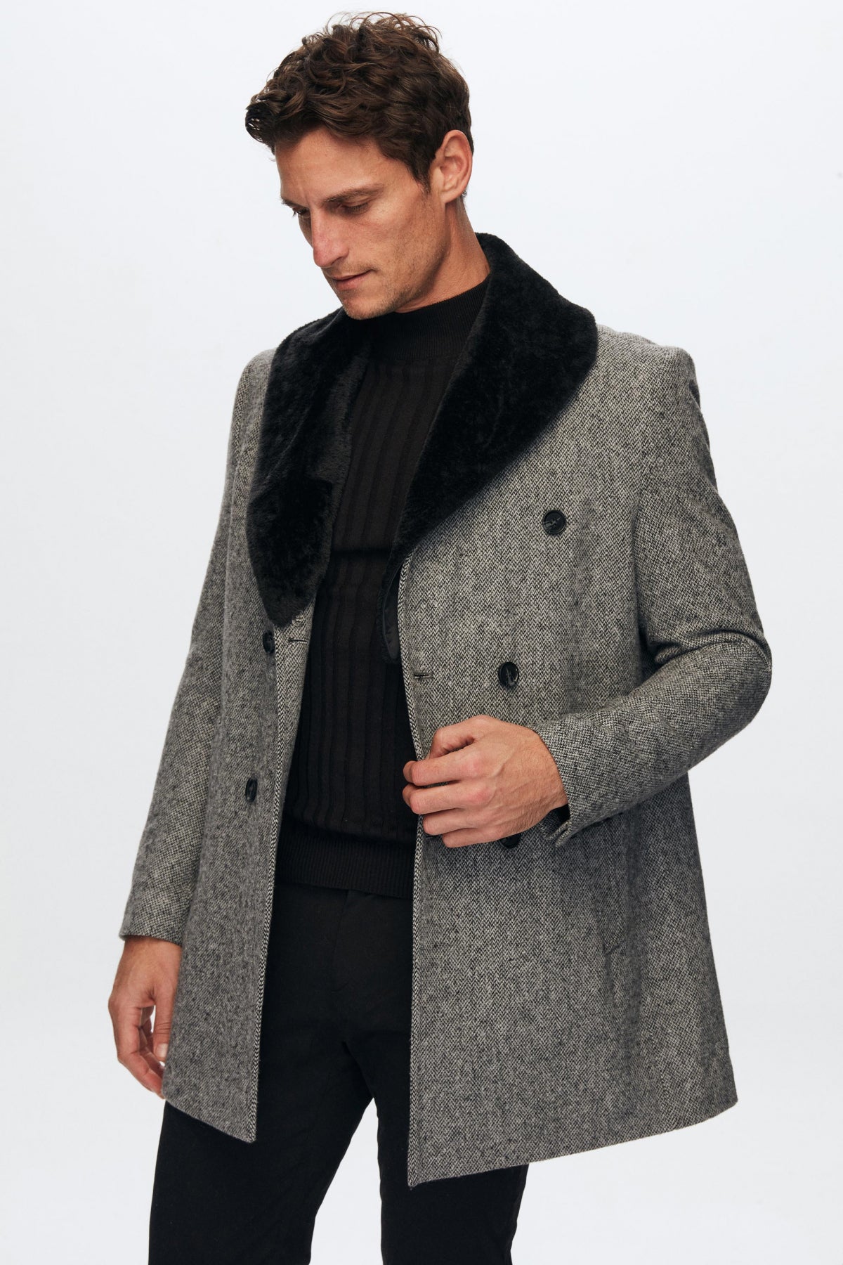 Ds Damat Regular Fit Detachable Fur Collar Coat - Gray
