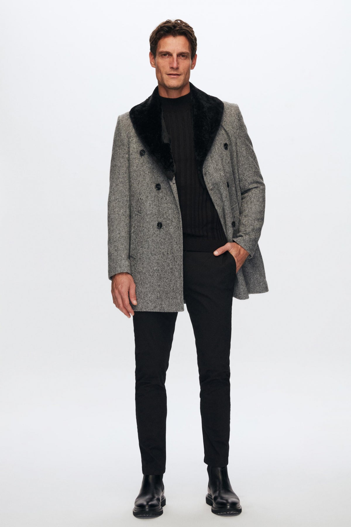 Ds Damat Regular Fit Detachable Fur Collar Coat - Gray