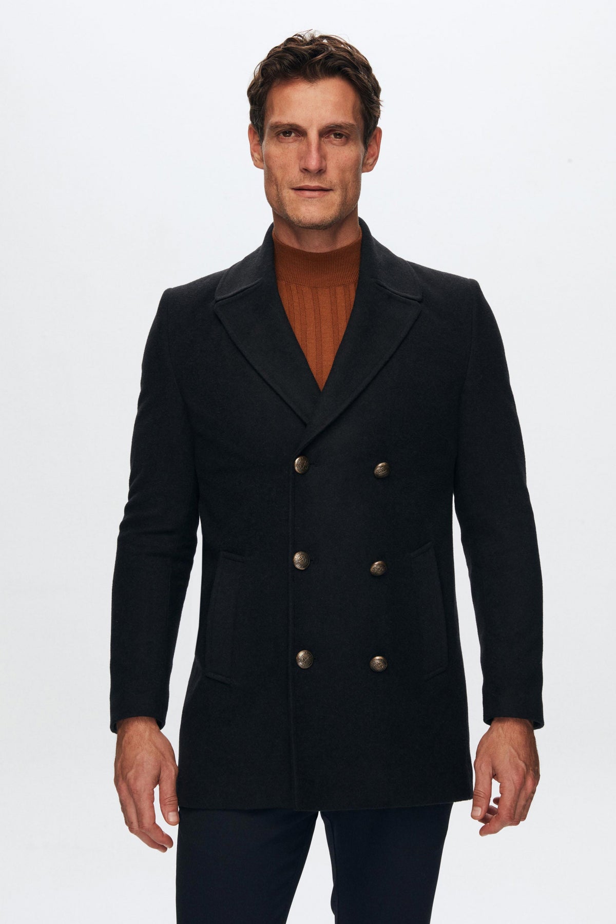 Ds Damat Regular Fit Double-Breasted Sailor Button Detail Wool Coat - Navy Blue
