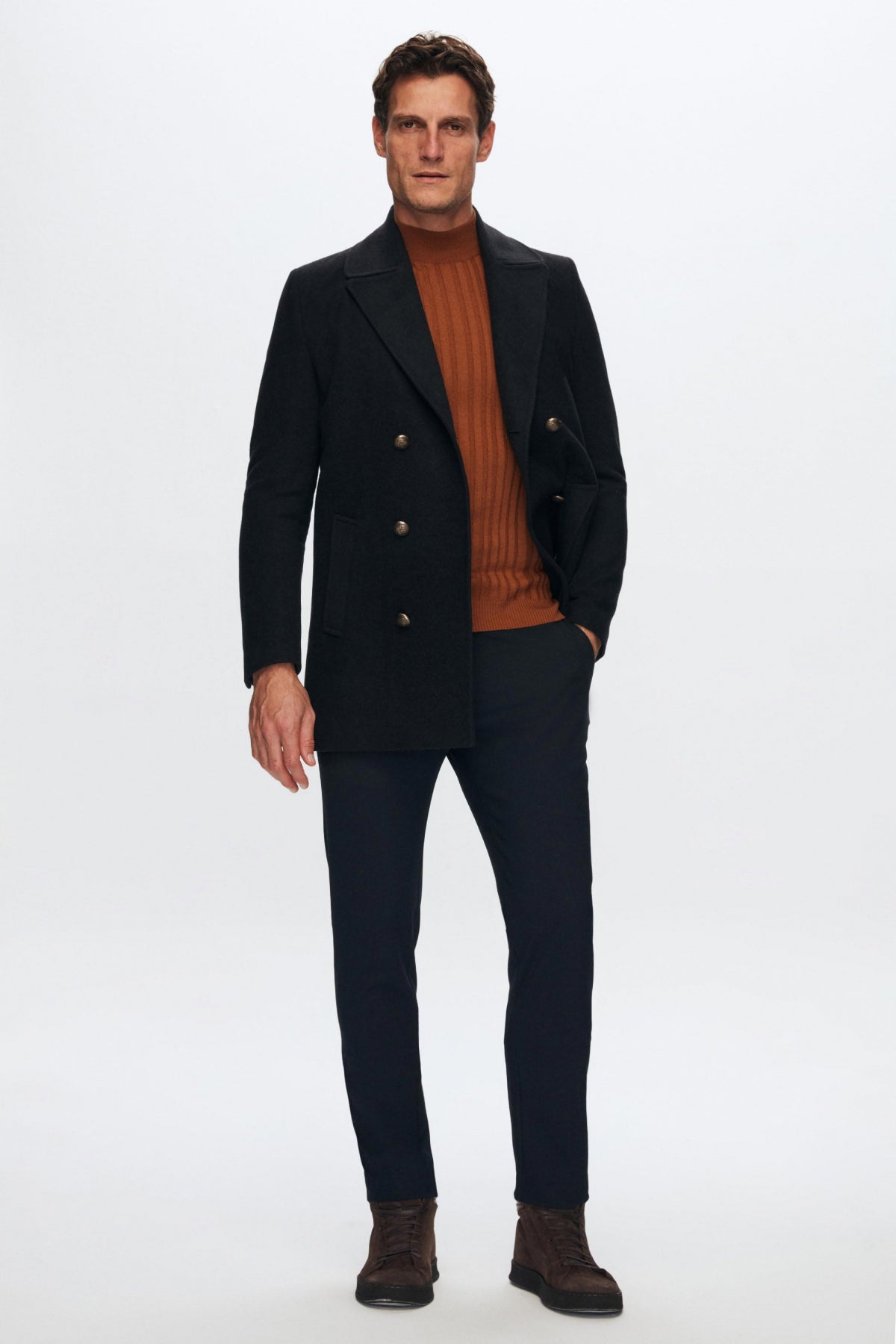Ds Damat Regular Fit Double-Breasted Sailor Button Detail Wool Coat - Navy Blue