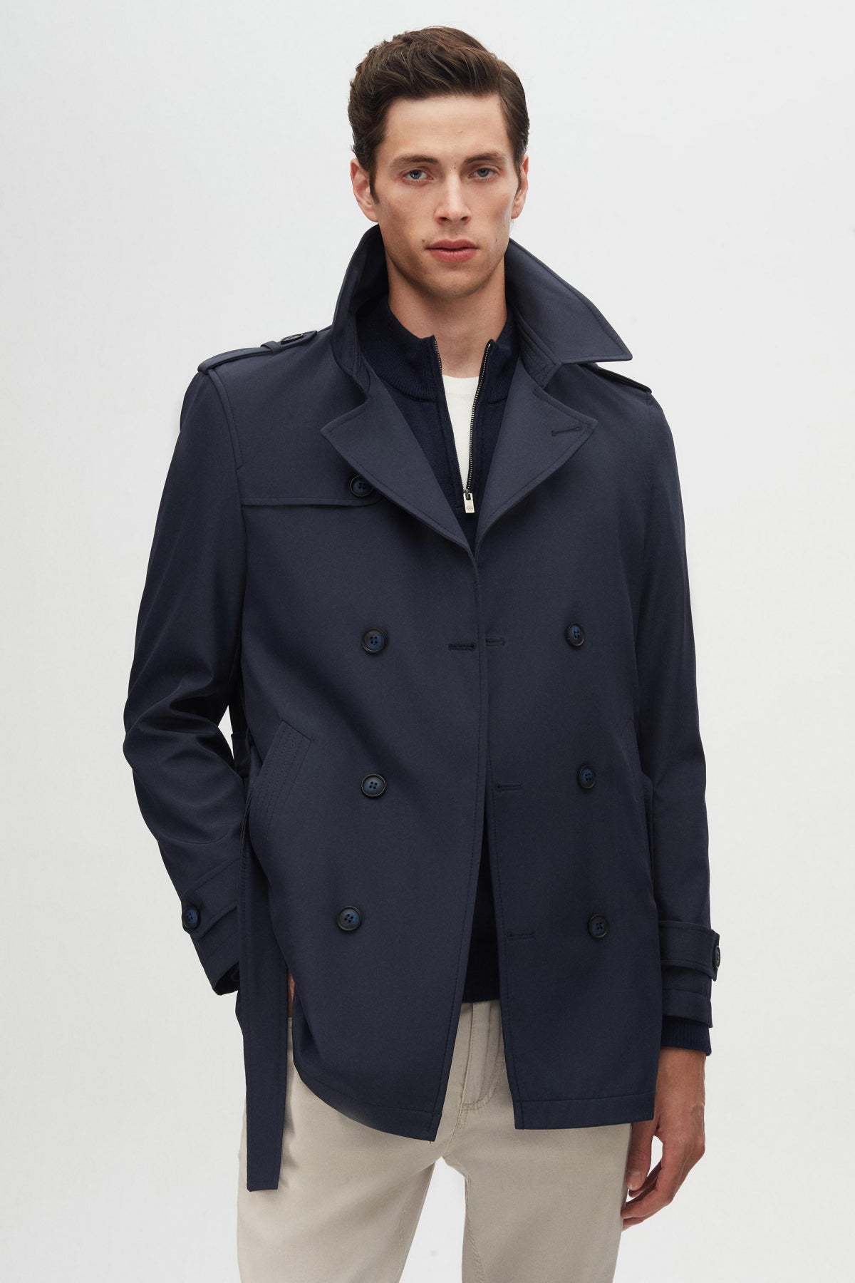 Ds Damat Regular Fit Epaulette Belted Trench Coat - Navy Blue
