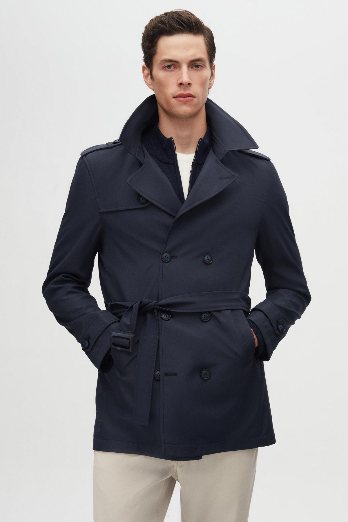 Ds Damat Regular Fit Epaulette Belted Trench Coat - Navy Blue