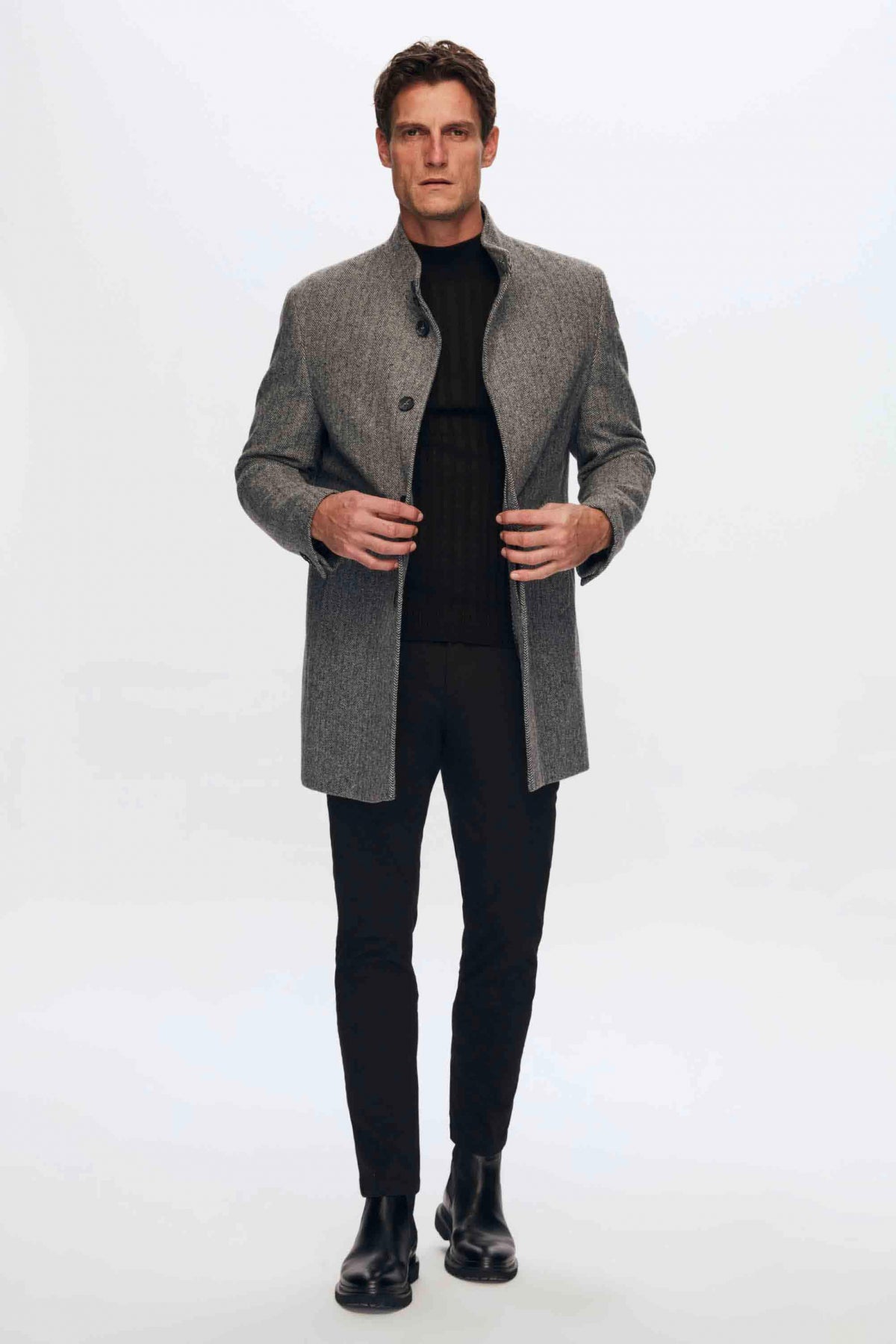 Ds Damat Regular Fit Herringbone Stand Collar Coat - Gray