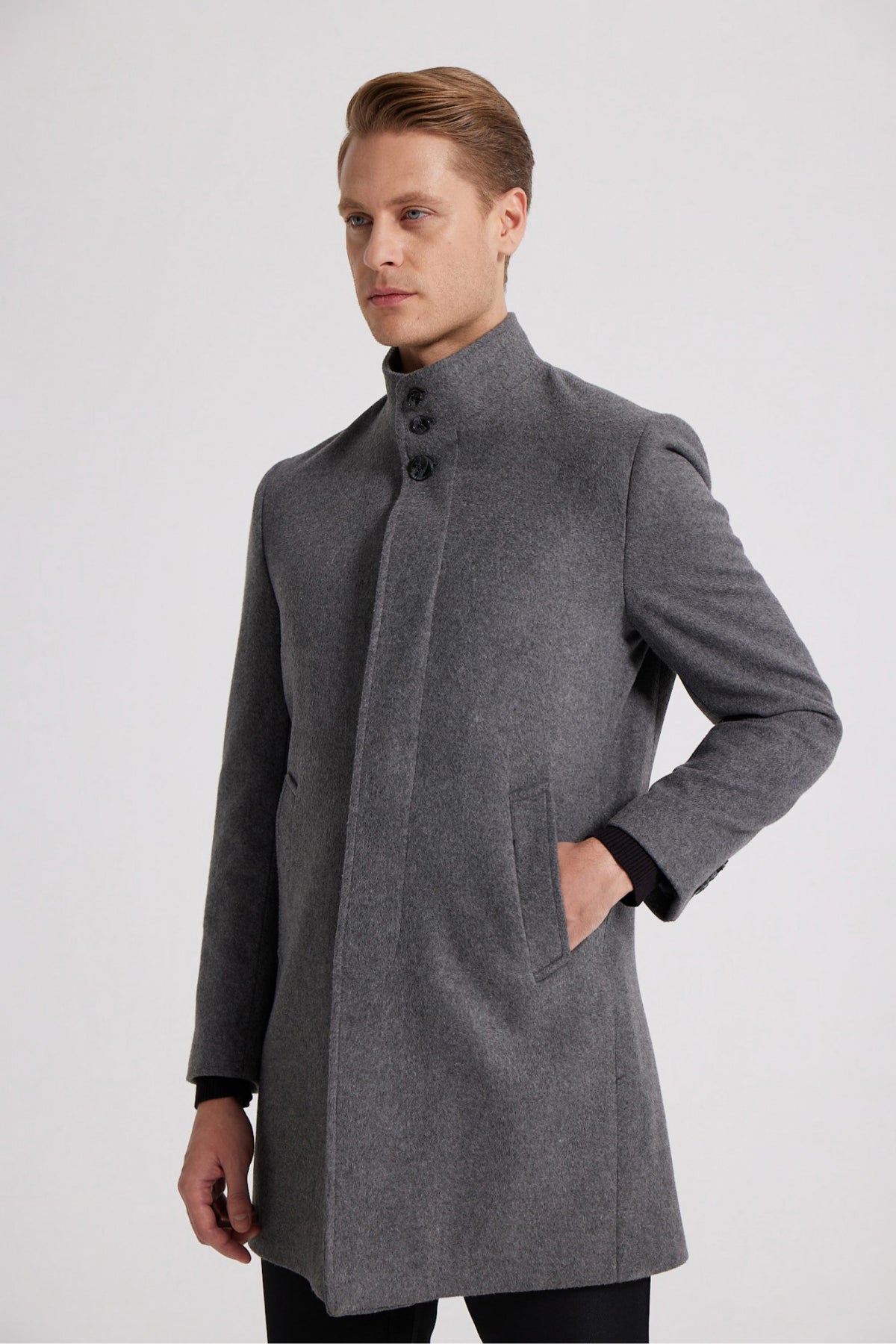 Ds Damat Regular Fit Mandarin Collar Wool Coat - Anthracite