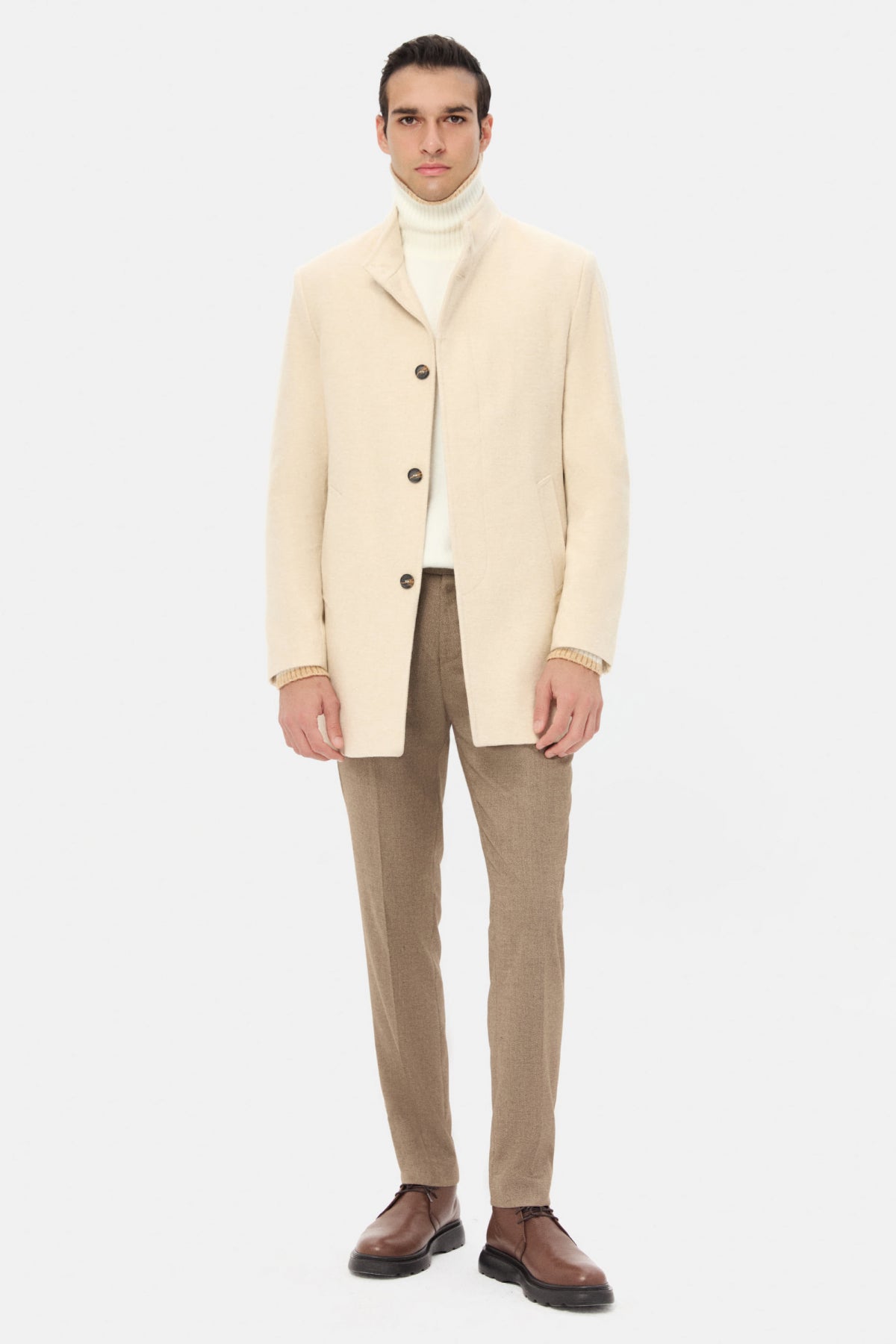 Ds Damat Regular Fit Mandarin Collar Wool Coat - Beige