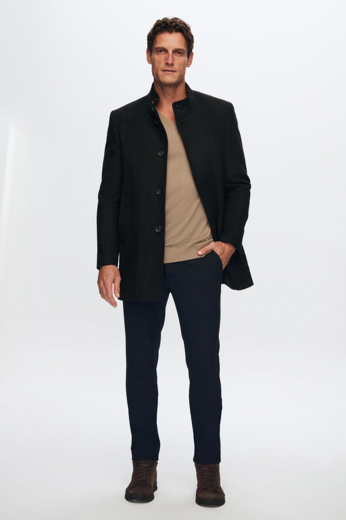 Ds Damat Regular Fit Mandarin Collar Wool Coat - Black