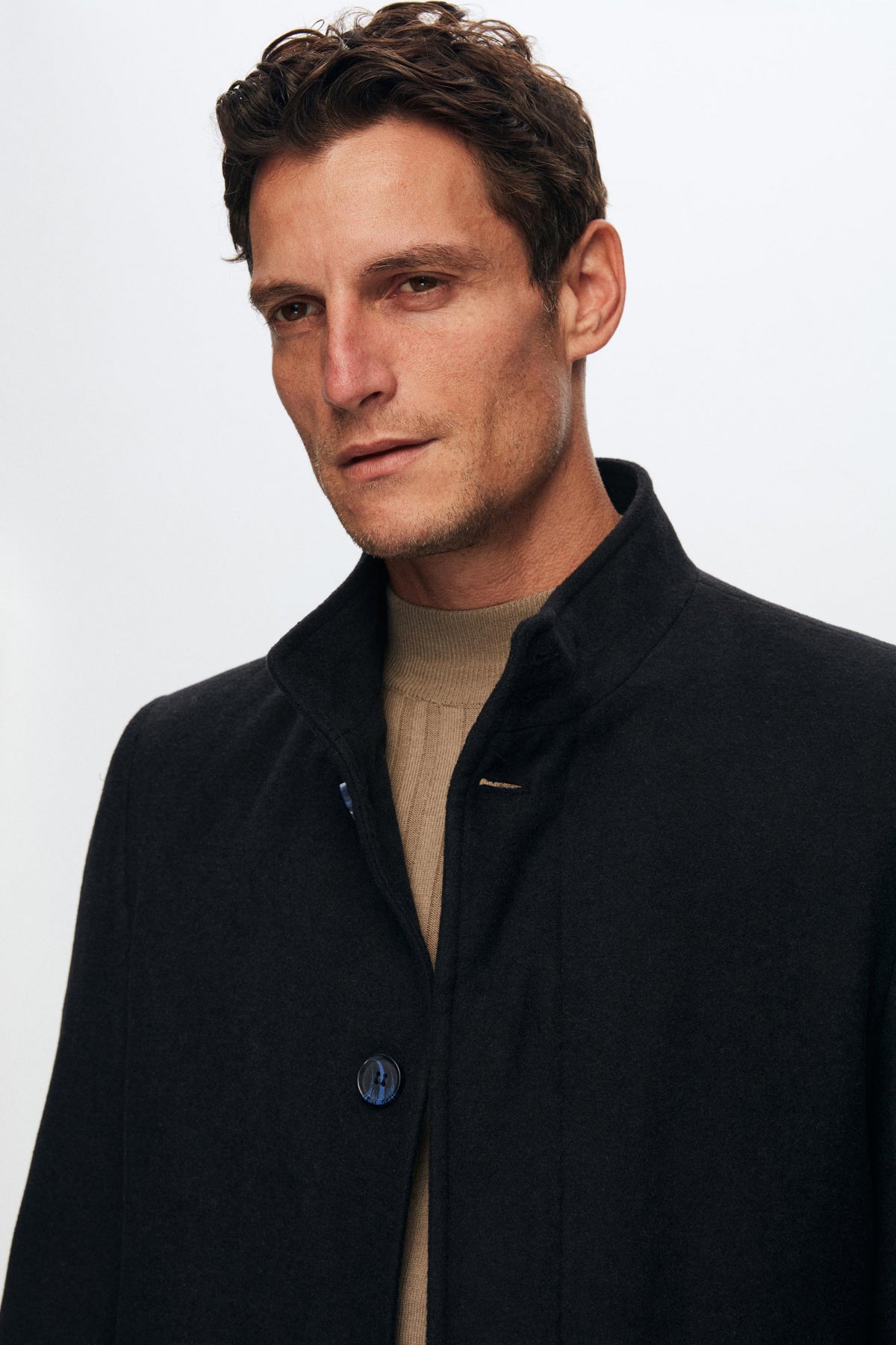 Ds Damat Regular Fit Mandarin Collar Wool Coat - Navy Blue
