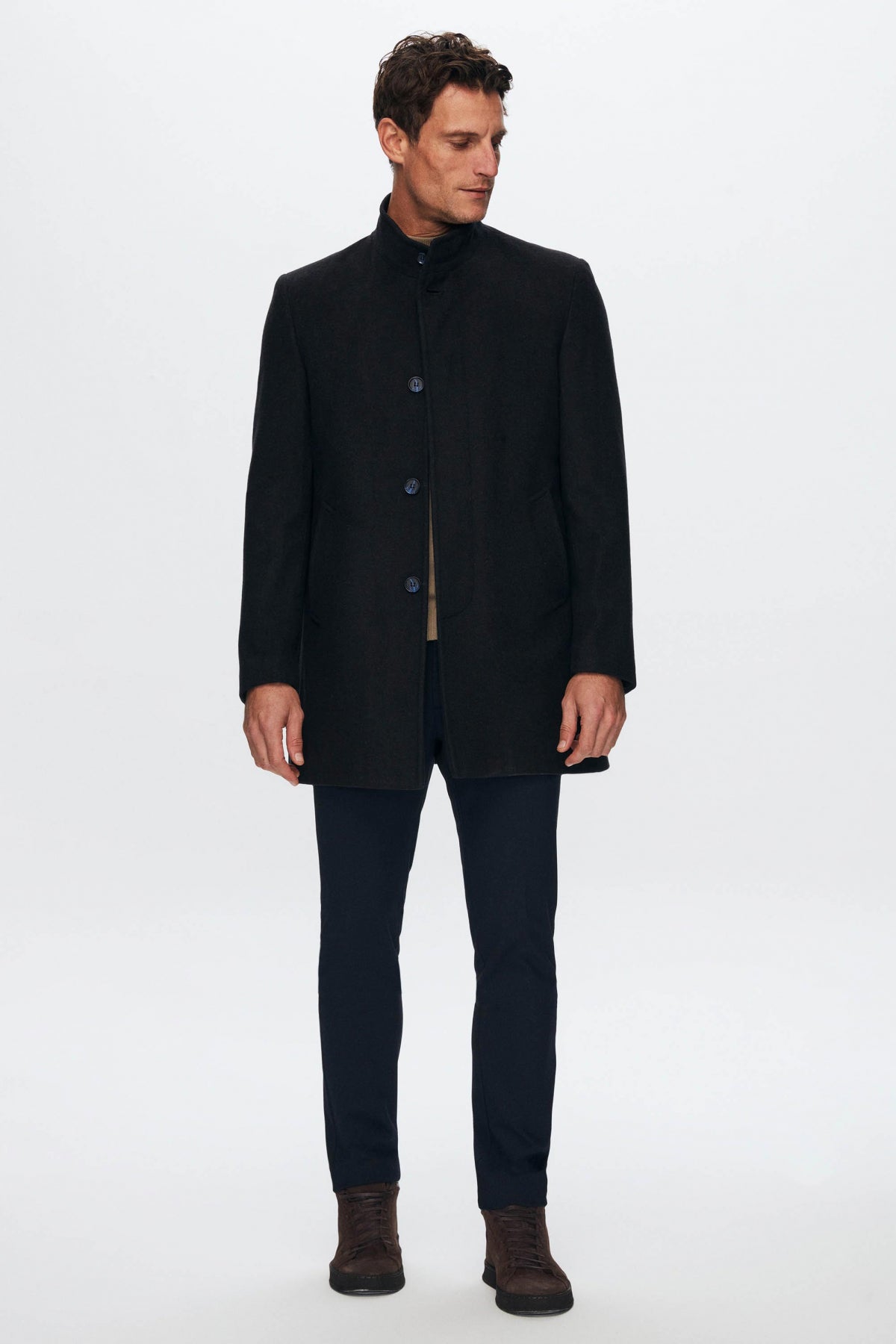 Ds Damat Regular Fit Mandarin Collar Wool Coat - Navy Blue