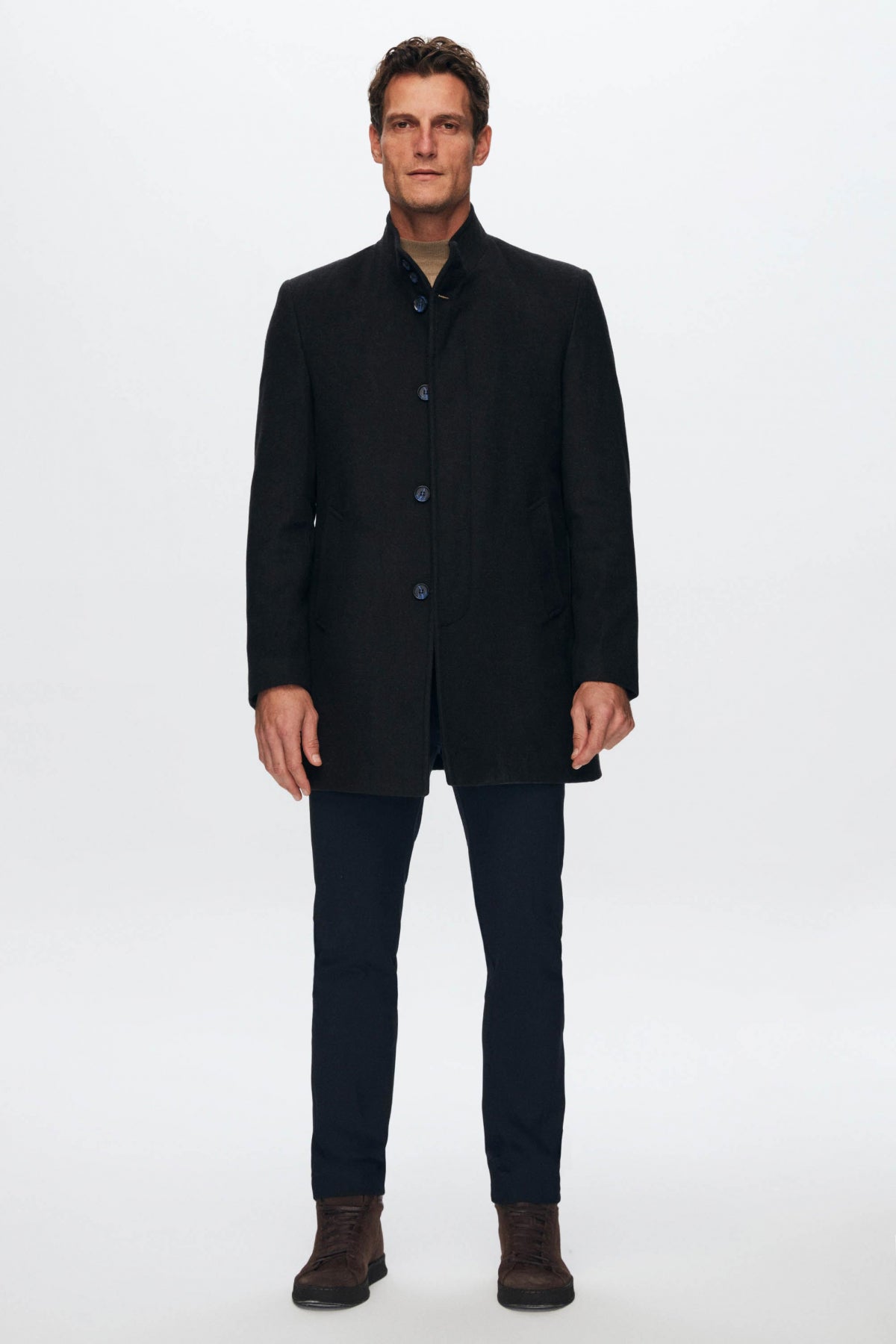 Ds Damat Regular Fit Mandarin Collar Wool Coat - Navy Blue