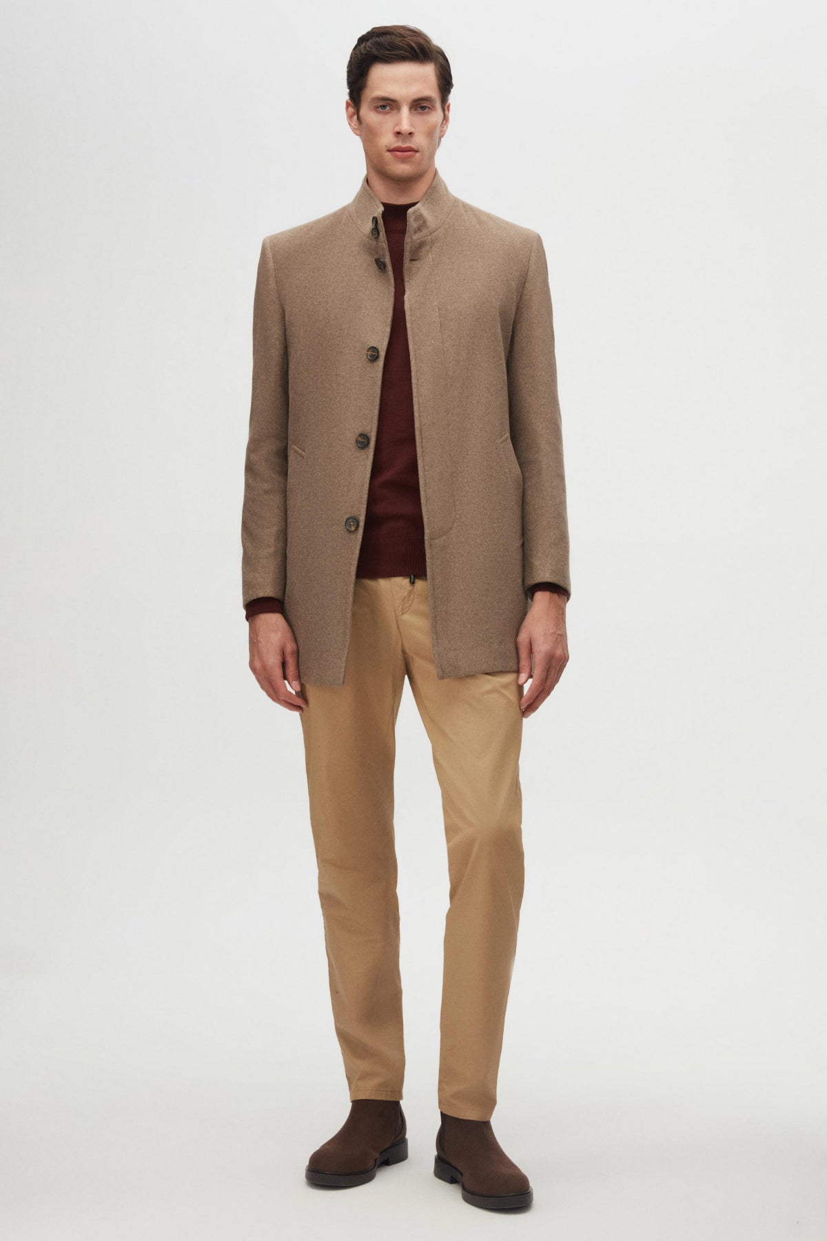 Ds Damat Regular Fit Mandarin Collar Wool Coat - Taupe