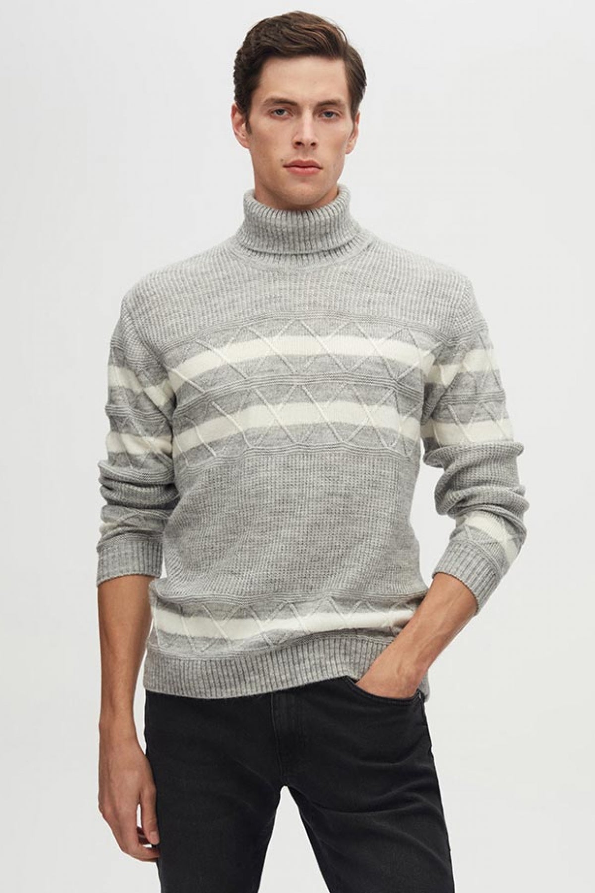 Ds Damat Regular Fit Melange Striped Anti-Pilling Full Turtleneck Knit Sweater - Gray Melange