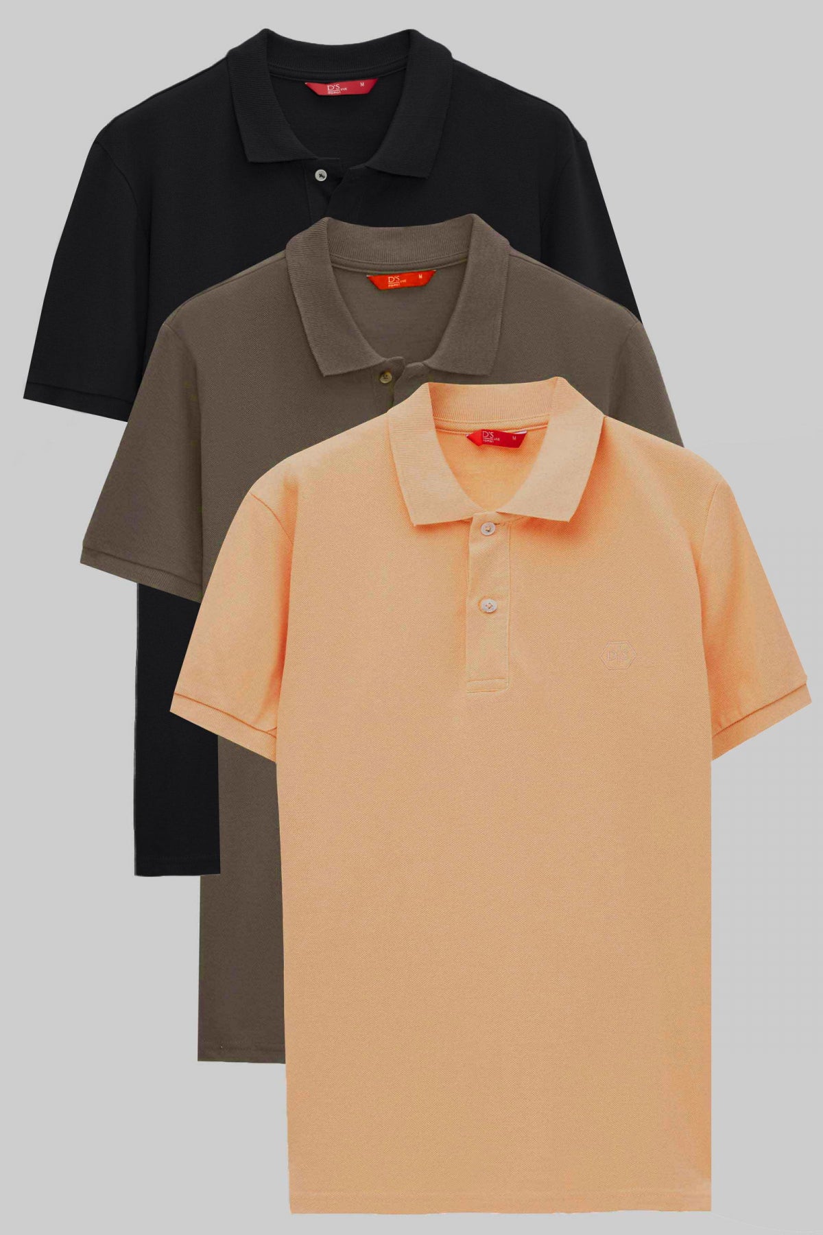 Ds Damat Regular Fit Mixed Color Textured 100% Cotton Polo Collar T-Shirt - Black/Anthracite/Apricot