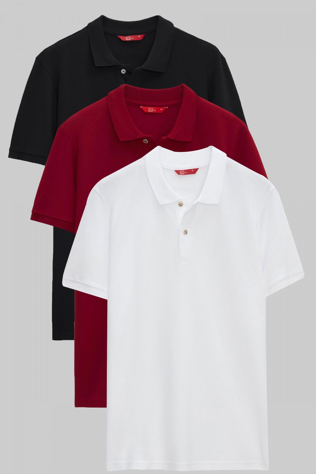 Ds Damat Regular Fit Mixed Color Textured 100% Cotton Polo Collar T-Shirt - Black/Burgundy/White