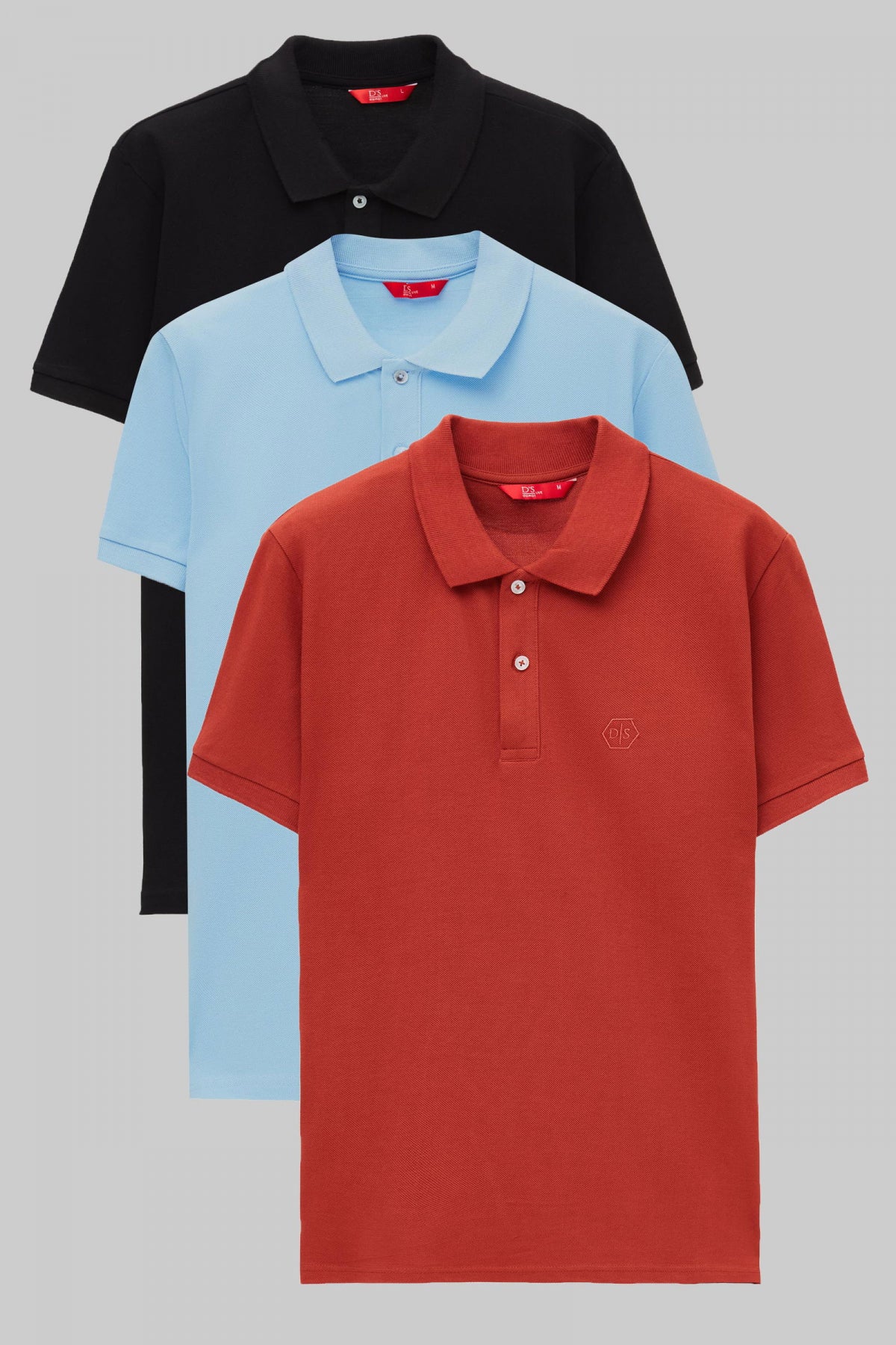 Ds Damat Regular Fit Mixed Color Textured 100% Cotton Polo Collar T-Shirt - Black/Light Blue/Terracotta