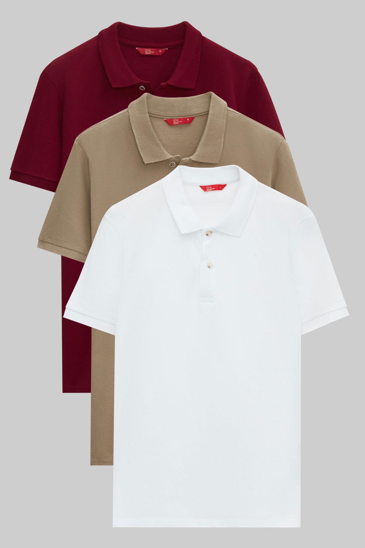 Ds Damat Regular Fit Mixed Color Textured 100% Cotton Polo Collar T-Shirt - Burgundy/Taupe/White