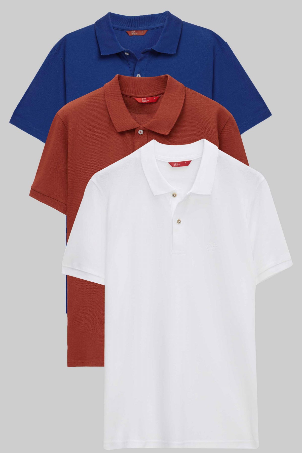 Ds Damat Regular Fit Mixed Color Textured 100% Cotton Polo Collar T-Shirt - Cobalt/Brick/White
