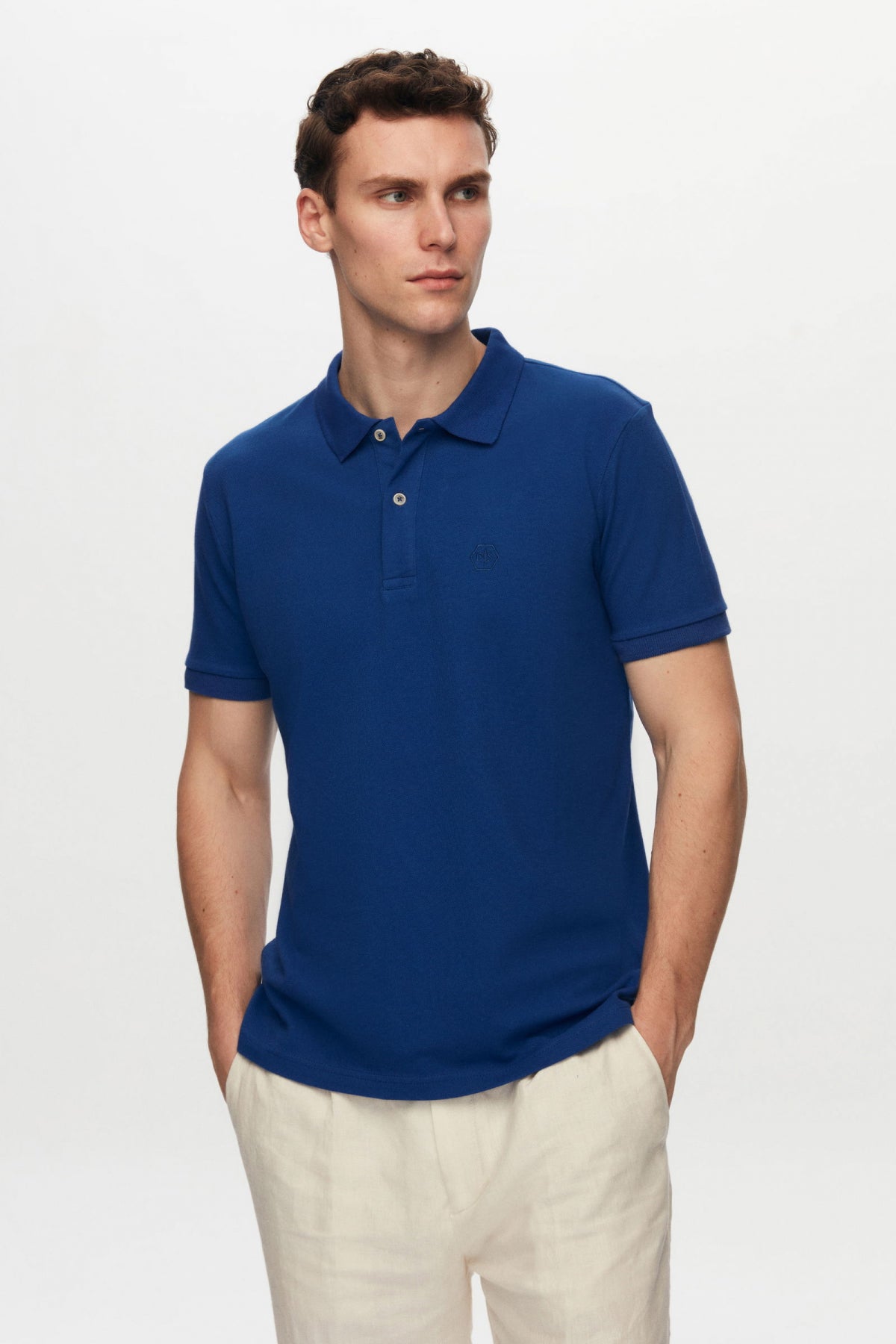 Ds Damat Regular Fit Mixed Color Textured 100% Cotton Polo Collar T-Shirt - Cobalt/Brick/White