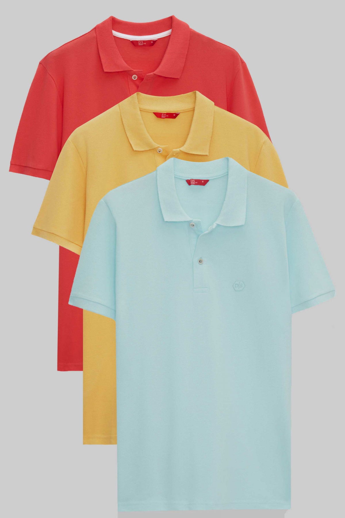 Ds Damat Regular Fit Mixed Color Textured 100% Cotton Polo Collar T-Shirt - Flamingo/Light Yellow/Turquoise