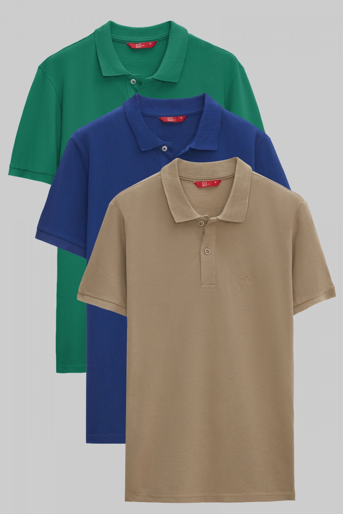 Ds Damat Regular Fit Mixed Color Textured 100% Cotton Polo Collar T-Shirt - Green/Cobalt Blue/Taupe