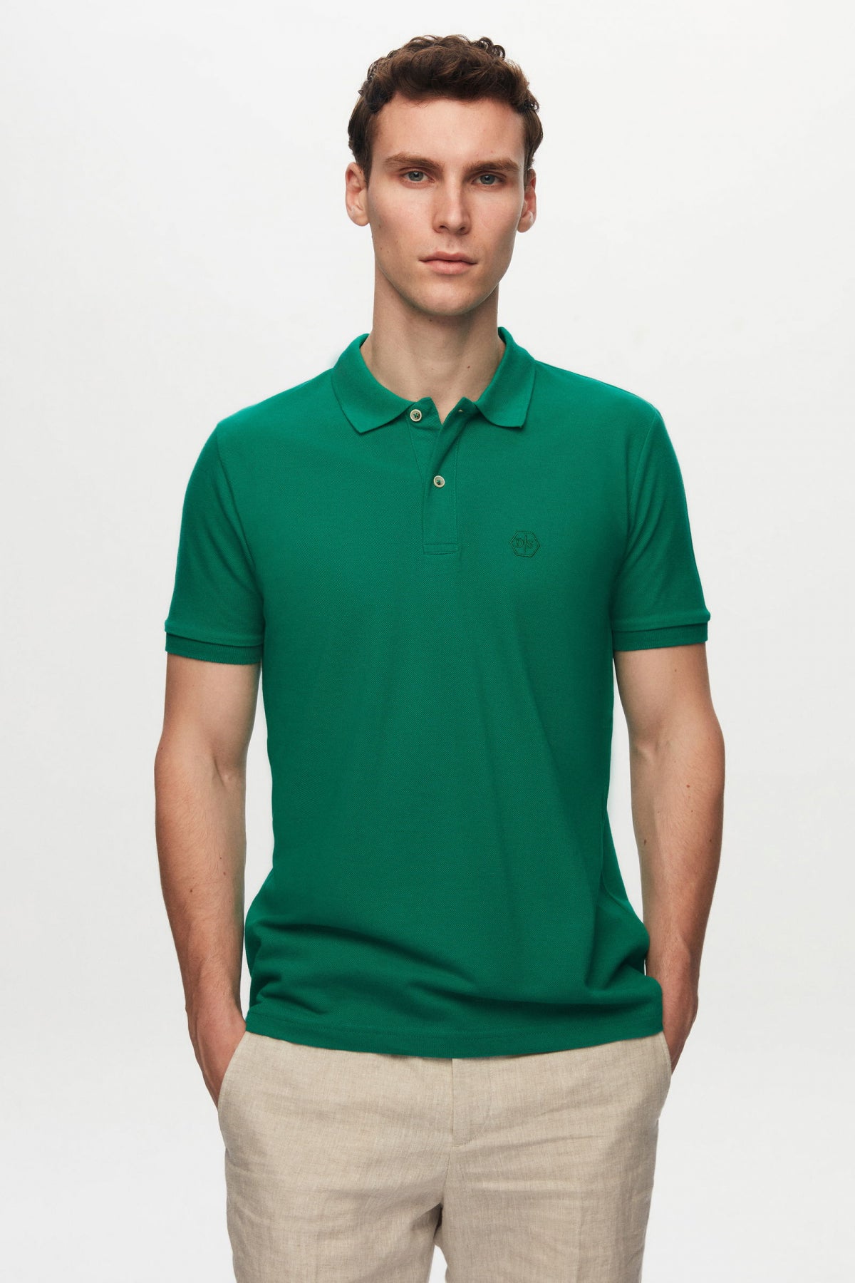 Ds Damat Regular Fit Mixed Color Textured 100% Cotton Polo Collar T-Shirt - Green/Cobalt Blue/Taupe