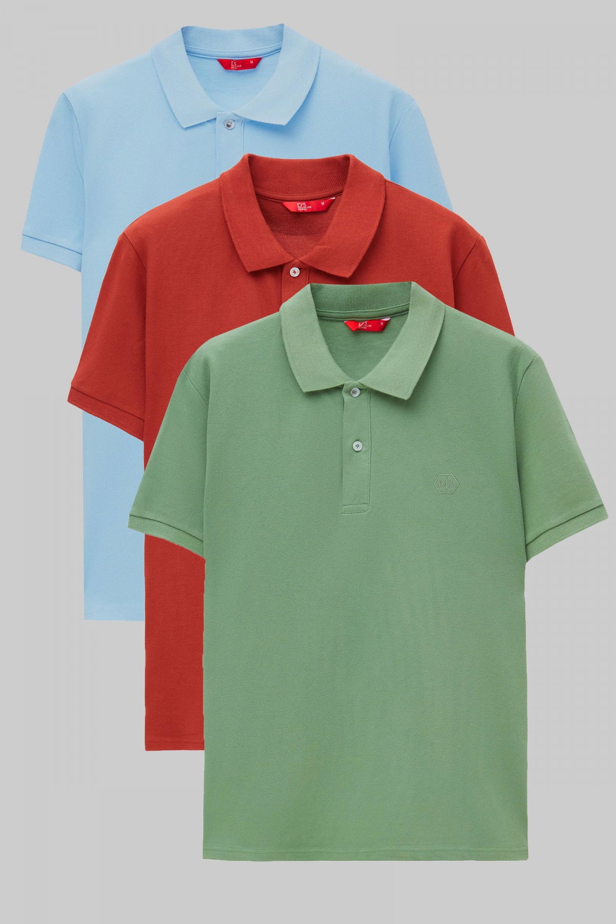 Ds Damat Regular Fit Mixed Color Textured 100% Cotton Polo Collar T-Shirt - Light Blue/Terracotta/Light Green