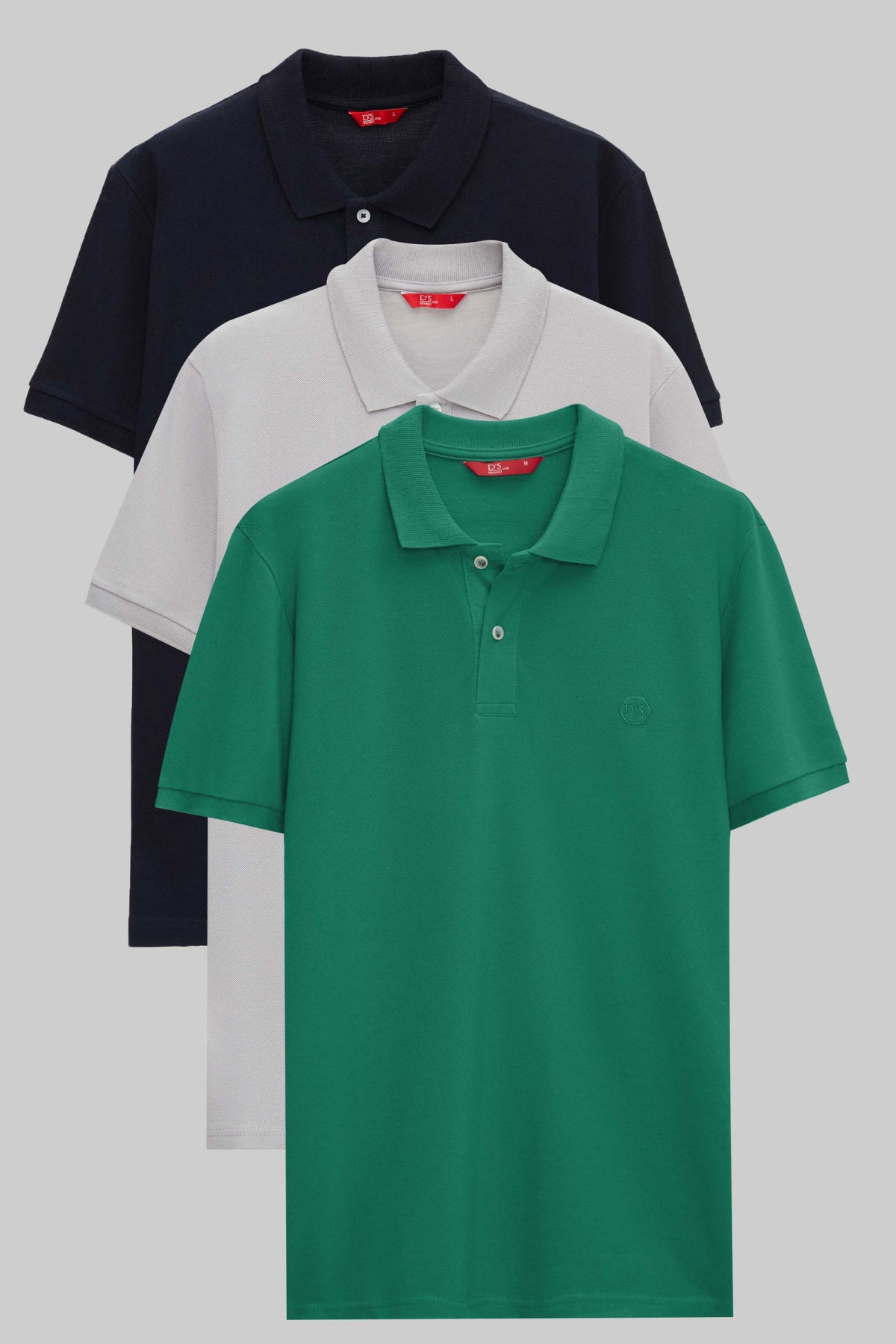 Ds Damat Regular Fit Mixed Color Textured 100% Cotton Polo Collar T-Shirt - Navy Blue/Gray/Green