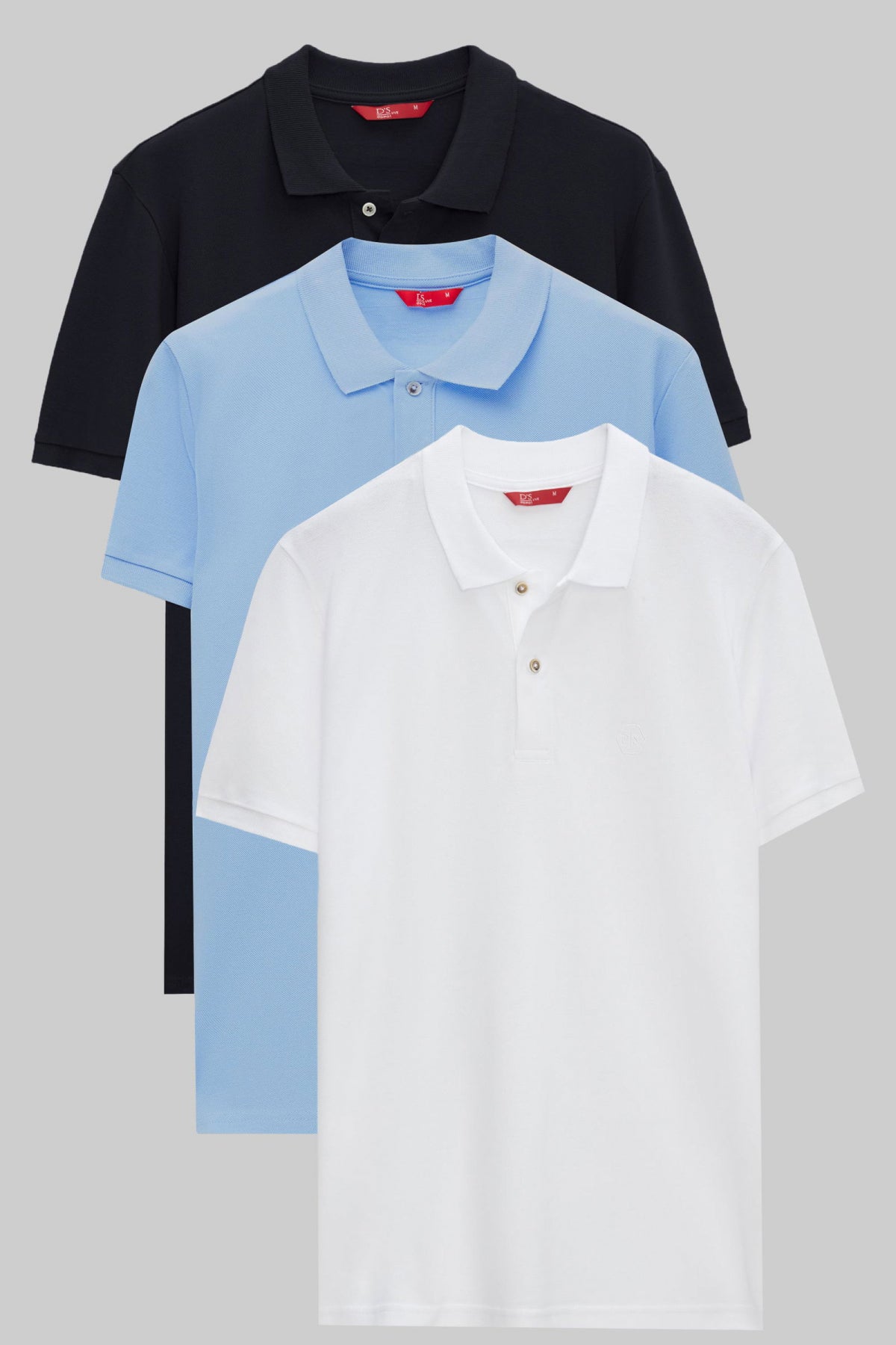 Ds Damat Regular Fit Mixed Color Textured 100% Cotton Polo Collar T-Shirt - Navy Blue/Light Blue/White
