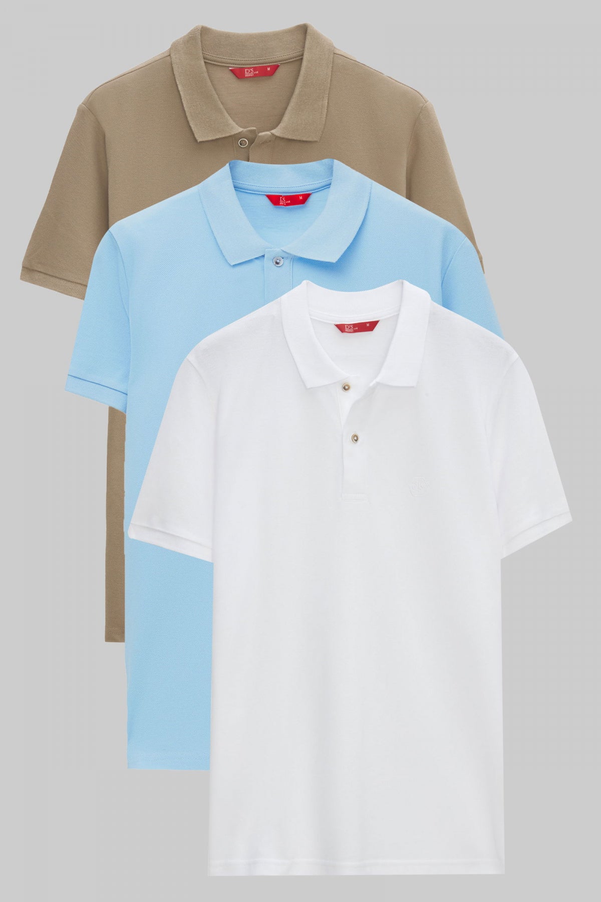 Ds Damat Regular Fit Mixed Color Textured 100% Cotton Polo Collar T-Shirt - Taupe/Light Blue/White
