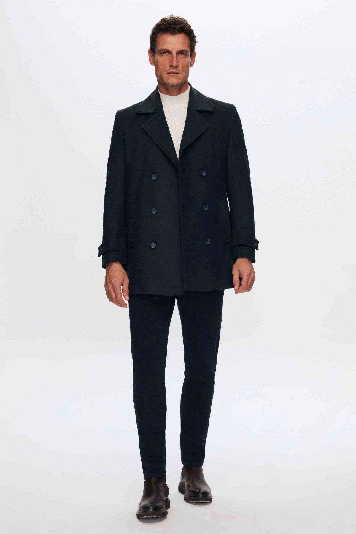 Ds Damat Regular Fit Mono Collar Double-Breasted Wool Coat - Navy Blue