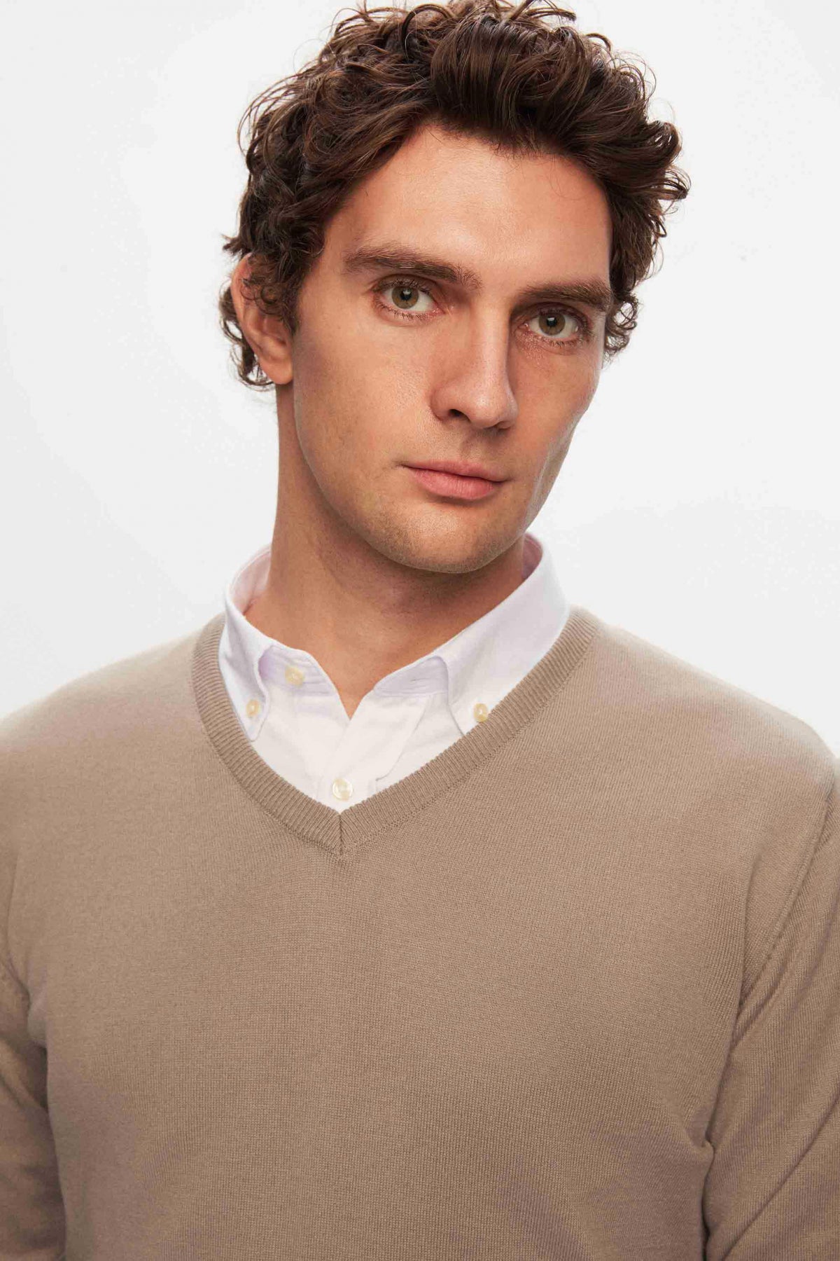 Ds Damat Regular Fit Plain V-Neck Knit Sweater - Beige