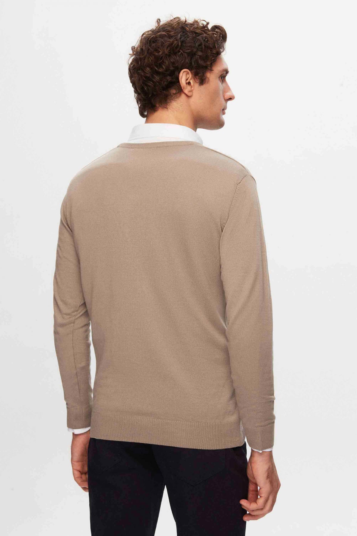 Ds Damat Regular Fit Plain V-Neck Knit Sweater - Beige