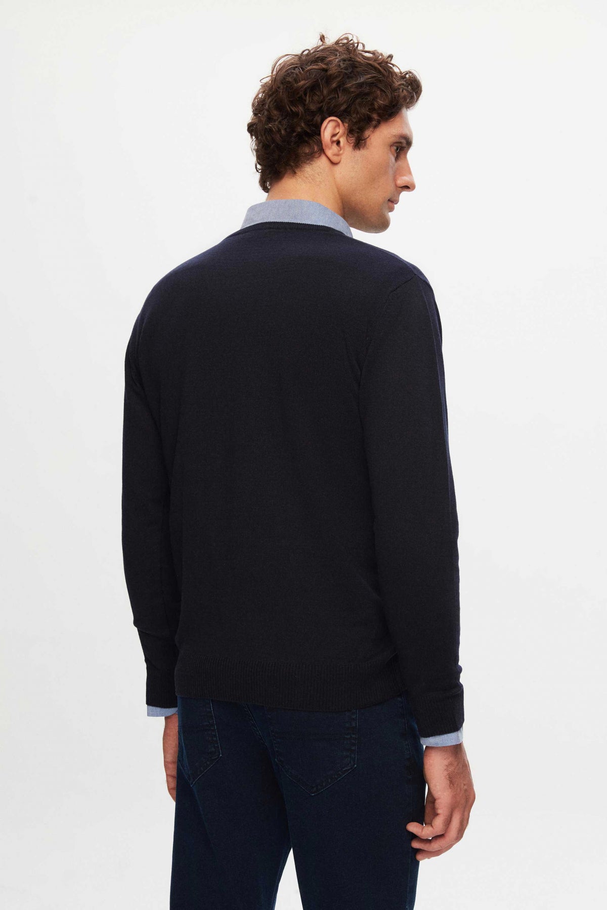 Ds Damat Regular Fit Plain V-Neck Knit Sweater - Navy Blue