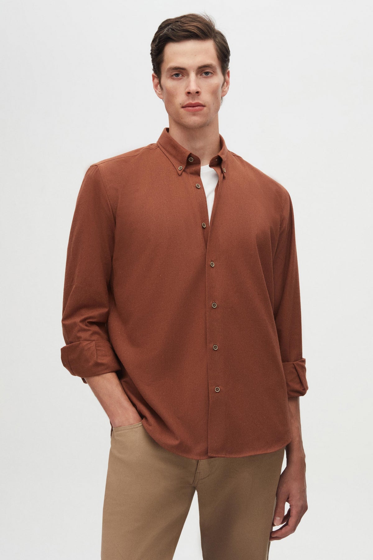 Ds Damat Regular Fit Plain Winter Flannel Shirt - Brown