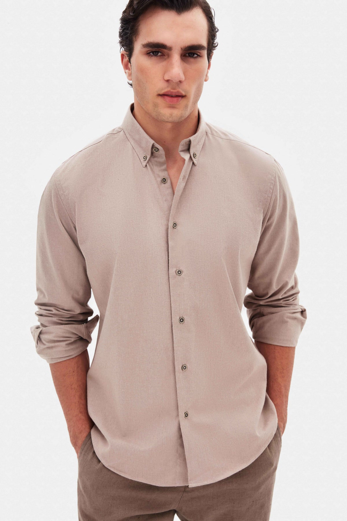 Ds Damat Regular Fit Plain Winter Flannel Shirt - Taupe