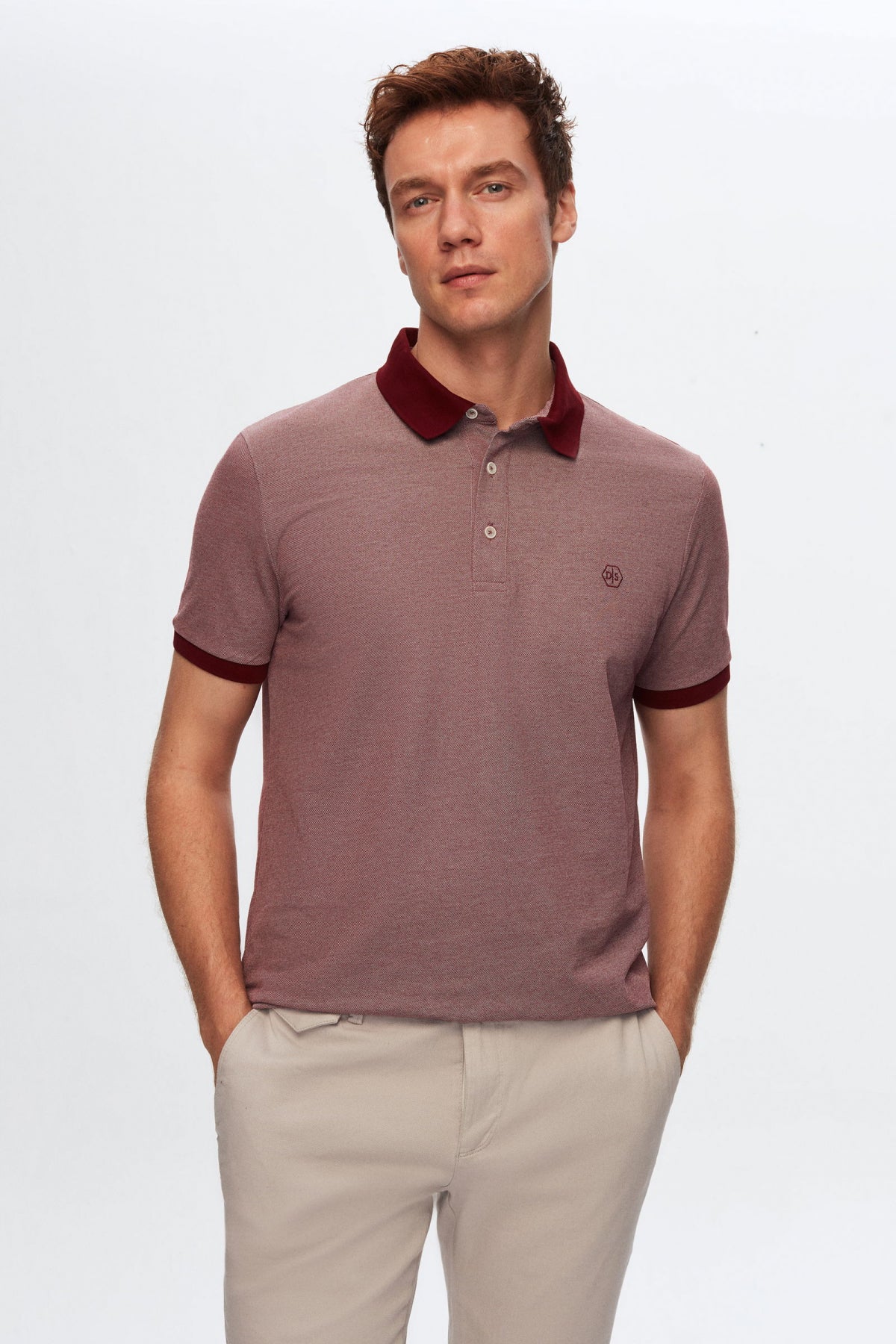 Ds Damat Regular Fit Polo Collar Embroidered Cotton Blend T-Shirt - Burgundy