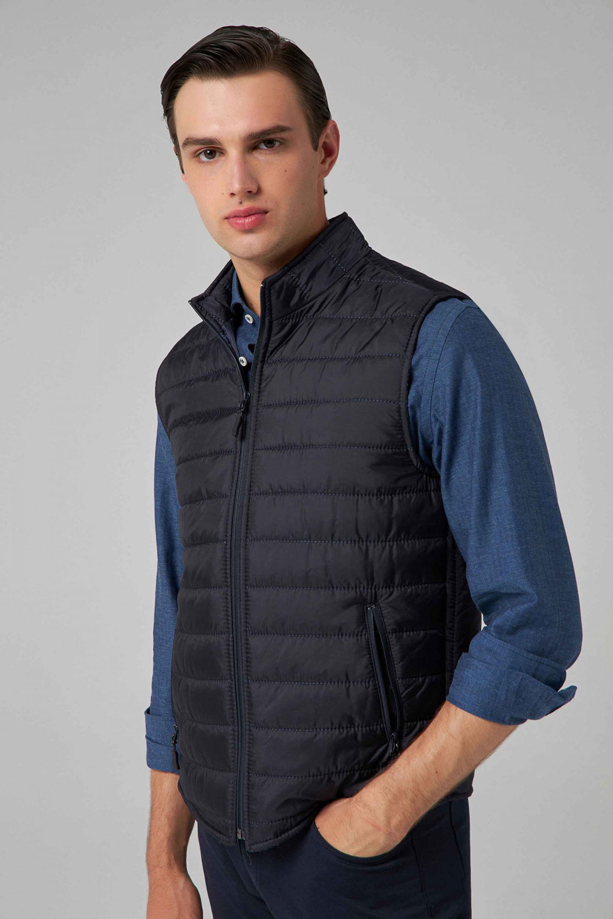 Ds Damat Regular Fit Stand Collar Fiber-Filled Seasonal Zippered Vest Jacket - Navy Blue