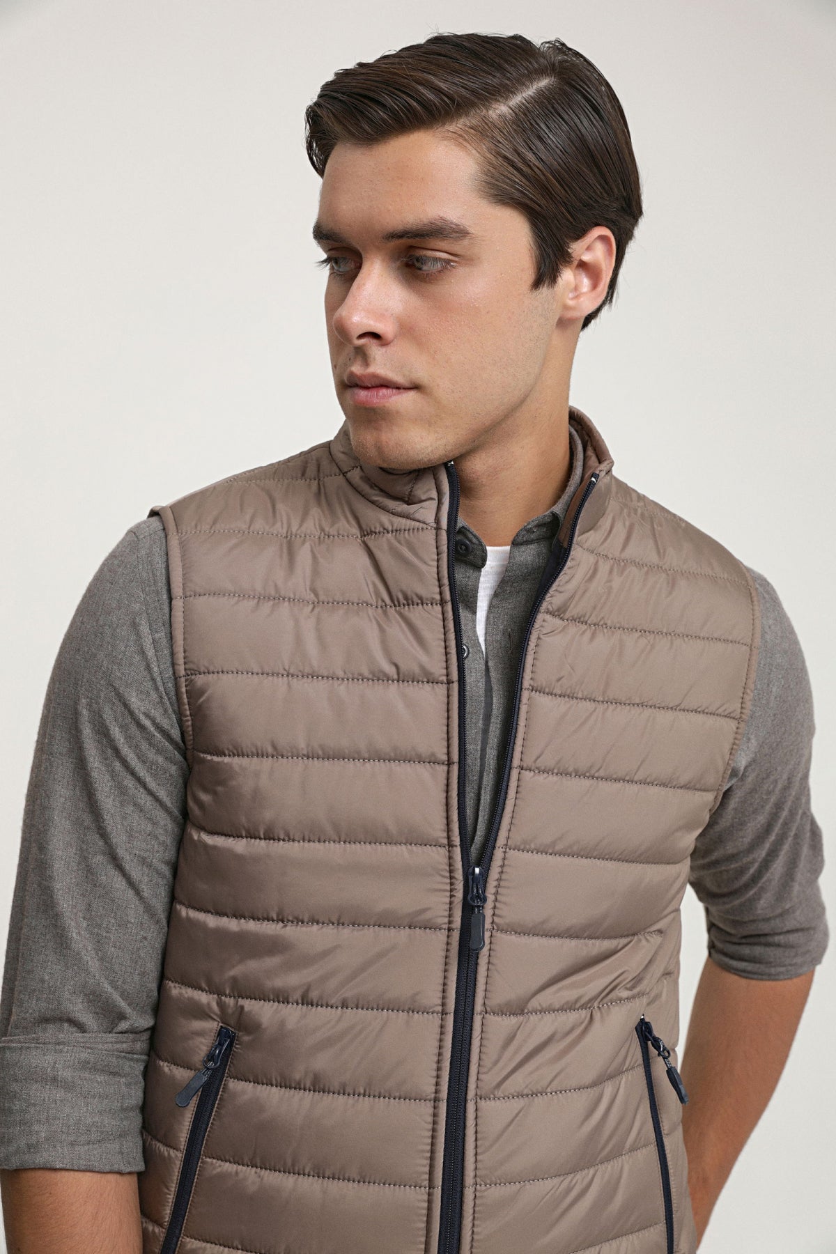 Ds Damat Regular Fit Stand Collar Fiber-Filled Seasonal Zippered Vest Jacket - Taupe